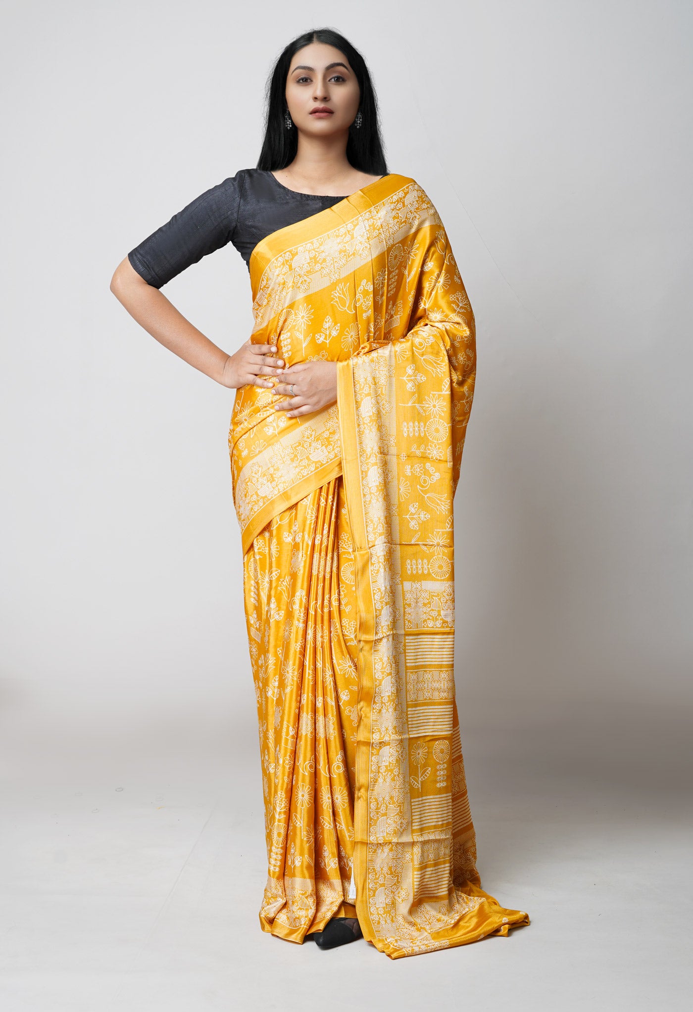Yellow Pure Block Printed Soft Silk Saree-UNM73442