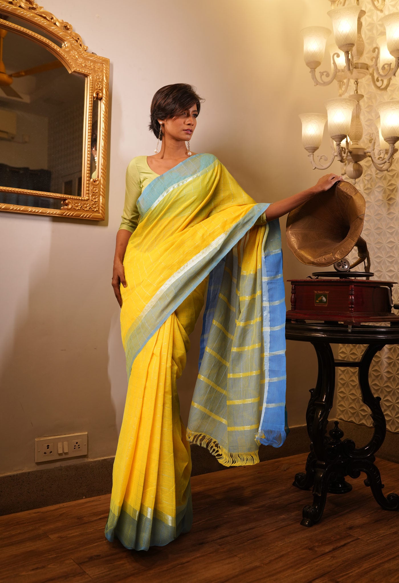 Yellow Pure Mangalgiri with Silver Zari Weaving Checks Cotton Saree