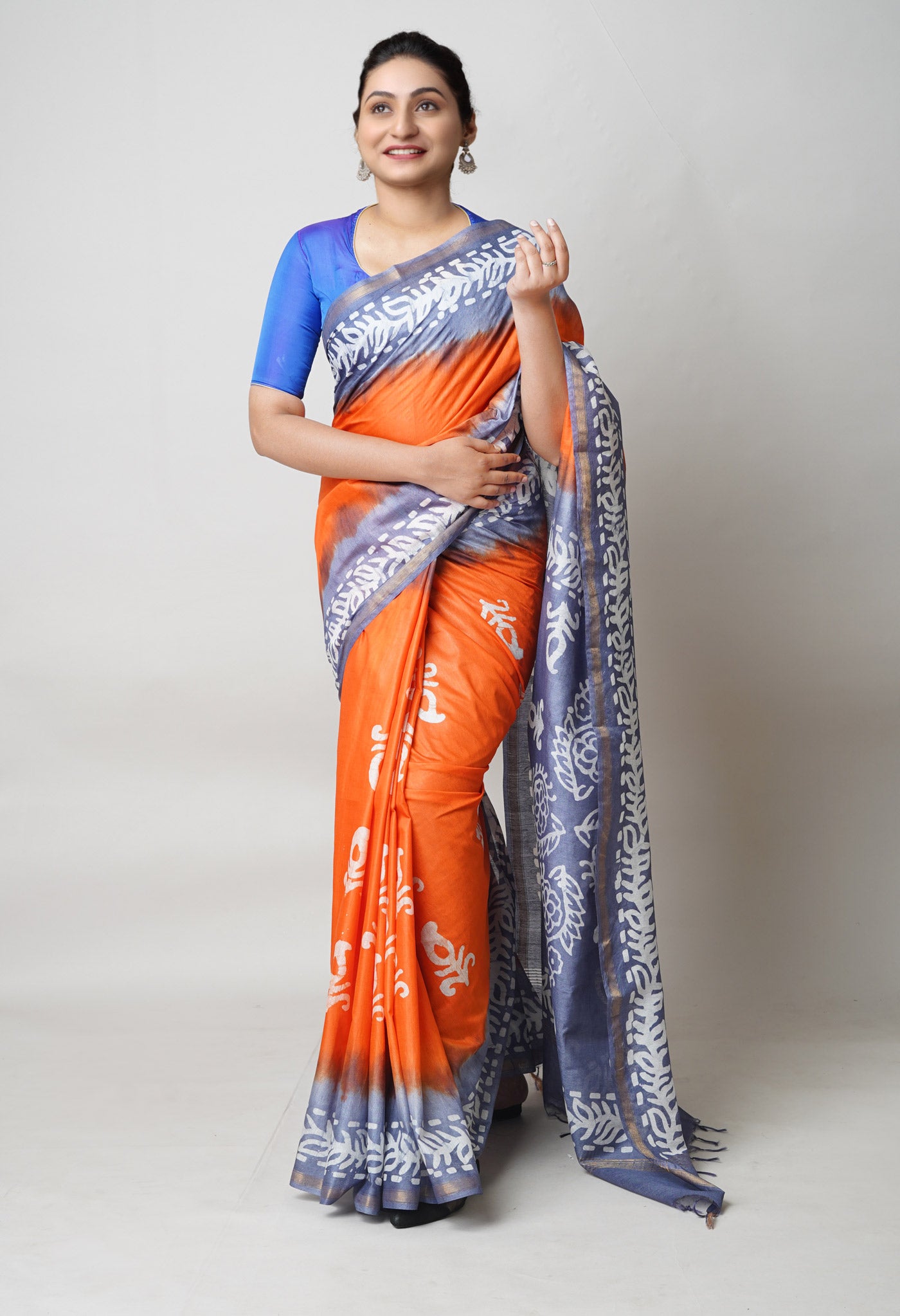Orange-Blue Pure Batik Printed Chanderi Sico Saree