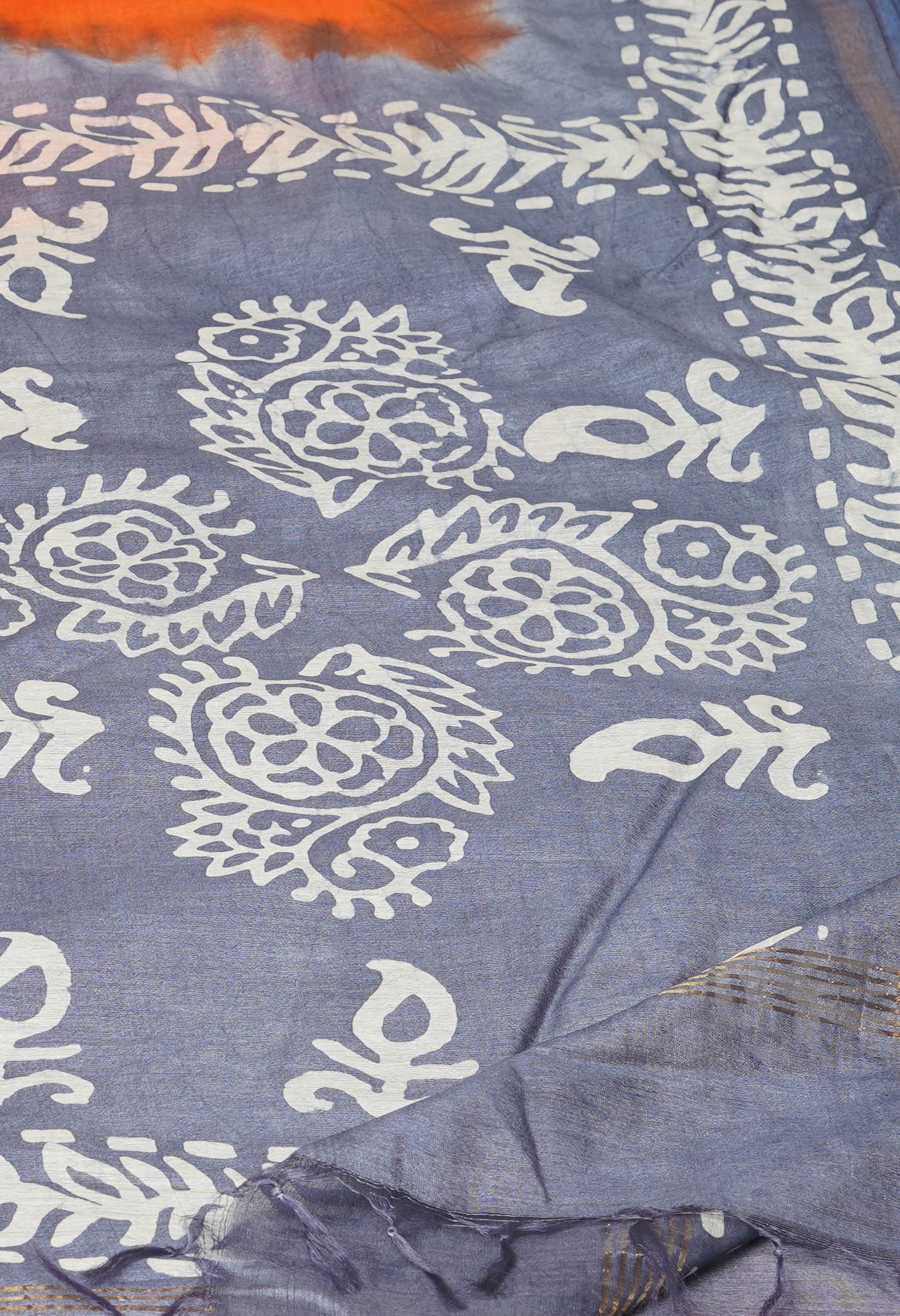 Orange-Blue Pure Batik Printed Chanderi Sico Saree