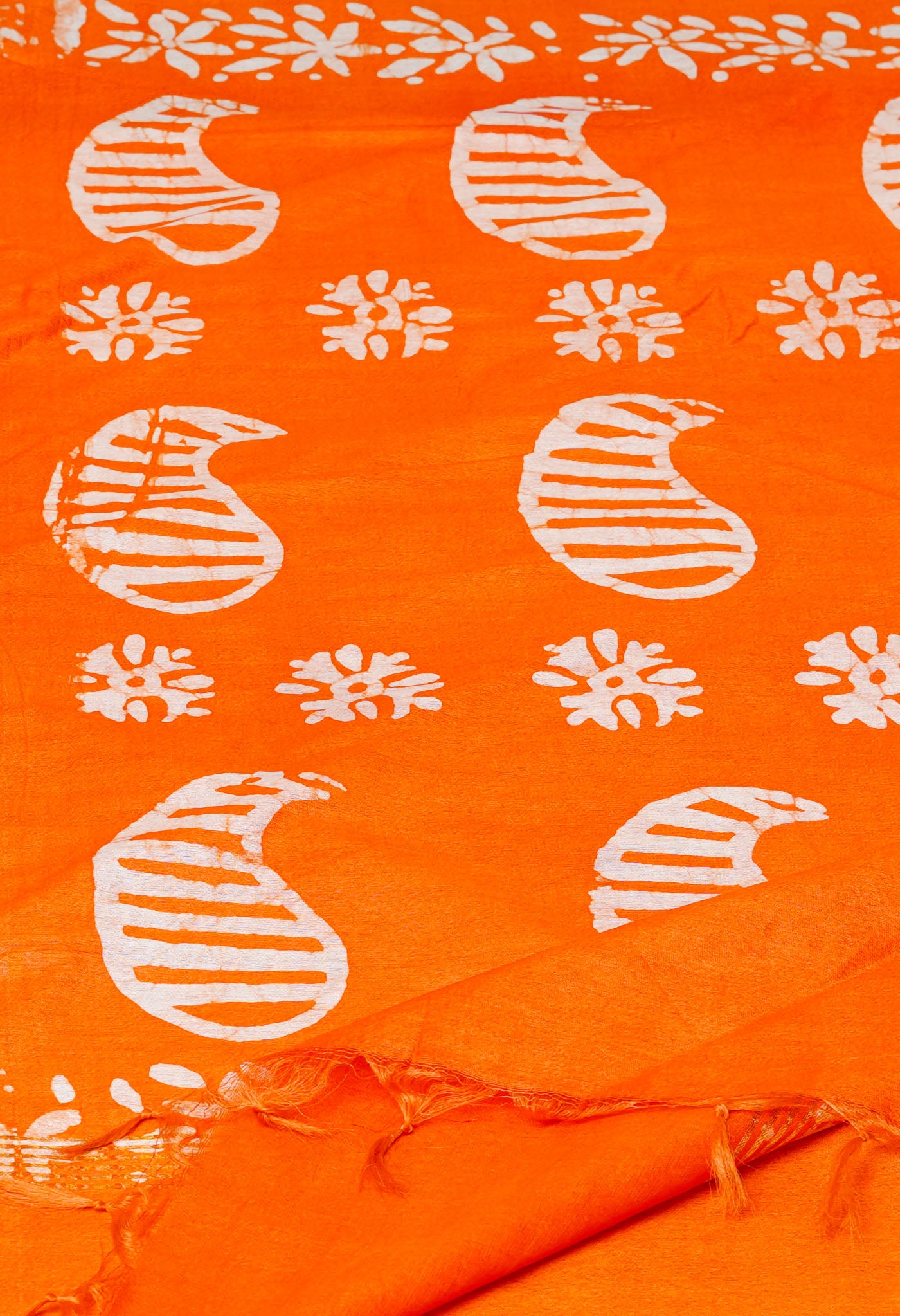 Blue-Orange Pure Batik Printed Chanderi Sico Saree