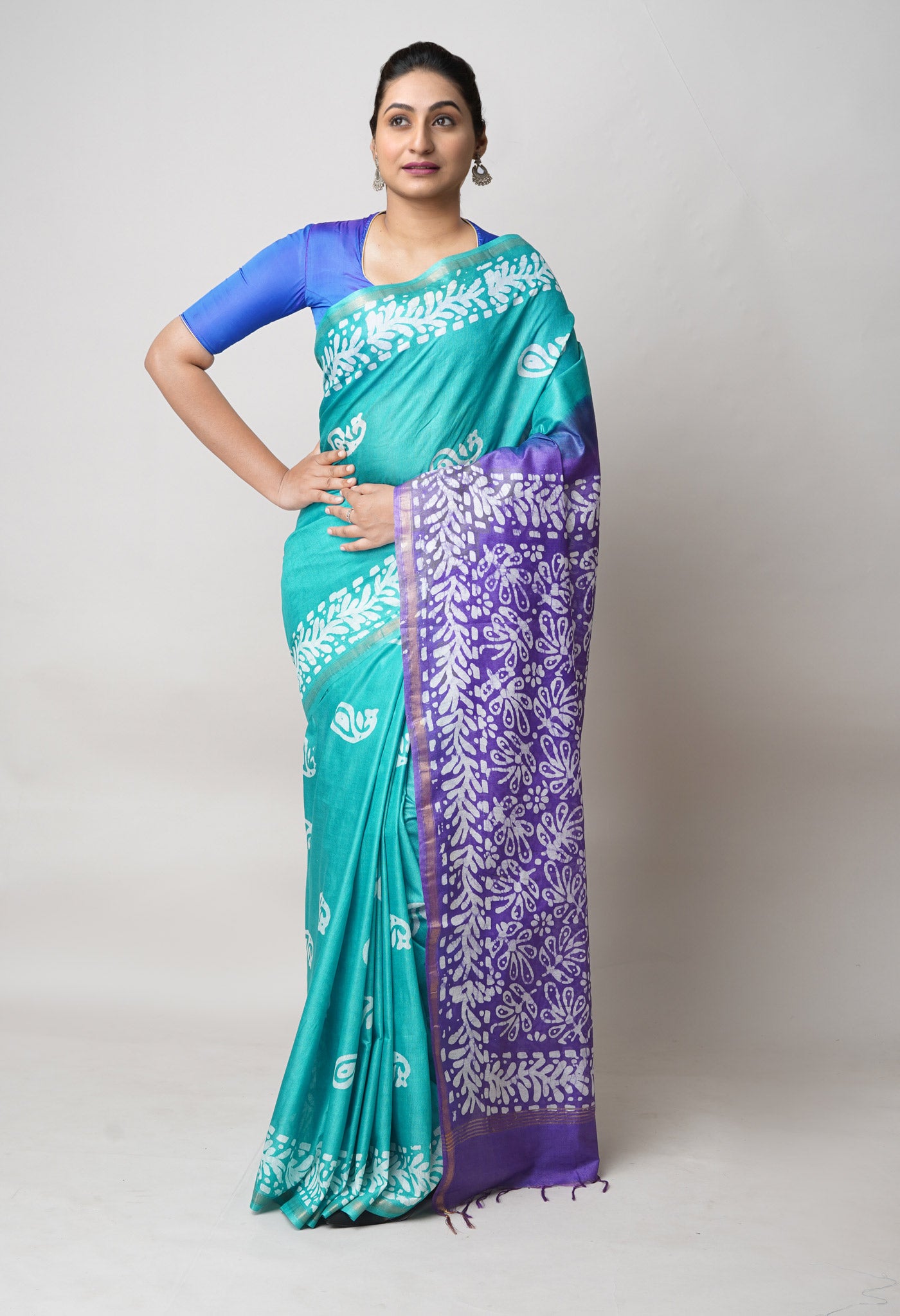 Green-Violet Pure Batik Printed Chanderi Sico Saree