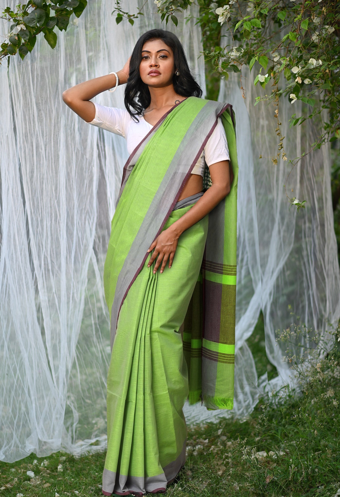 Green-Blue Pure Double Shade Plain Mangalagiri Cotton Saree-UNM73614