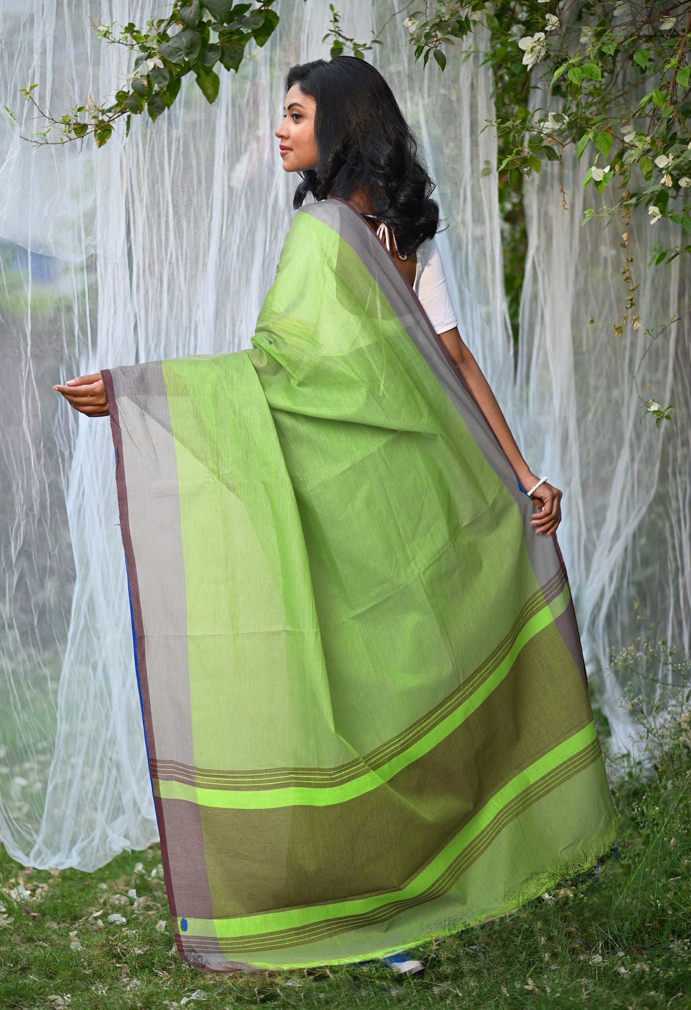 Green-Blue Pure Double Shade Plain Mangalagiri Cotton Saree-UNM73614