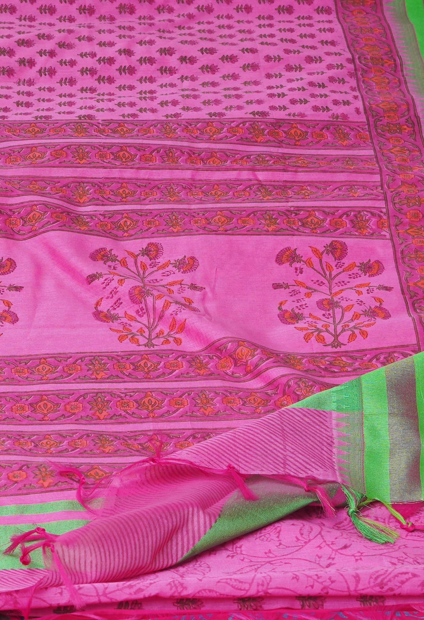 Pink Dyed Printed Chanderi Sico Saree
