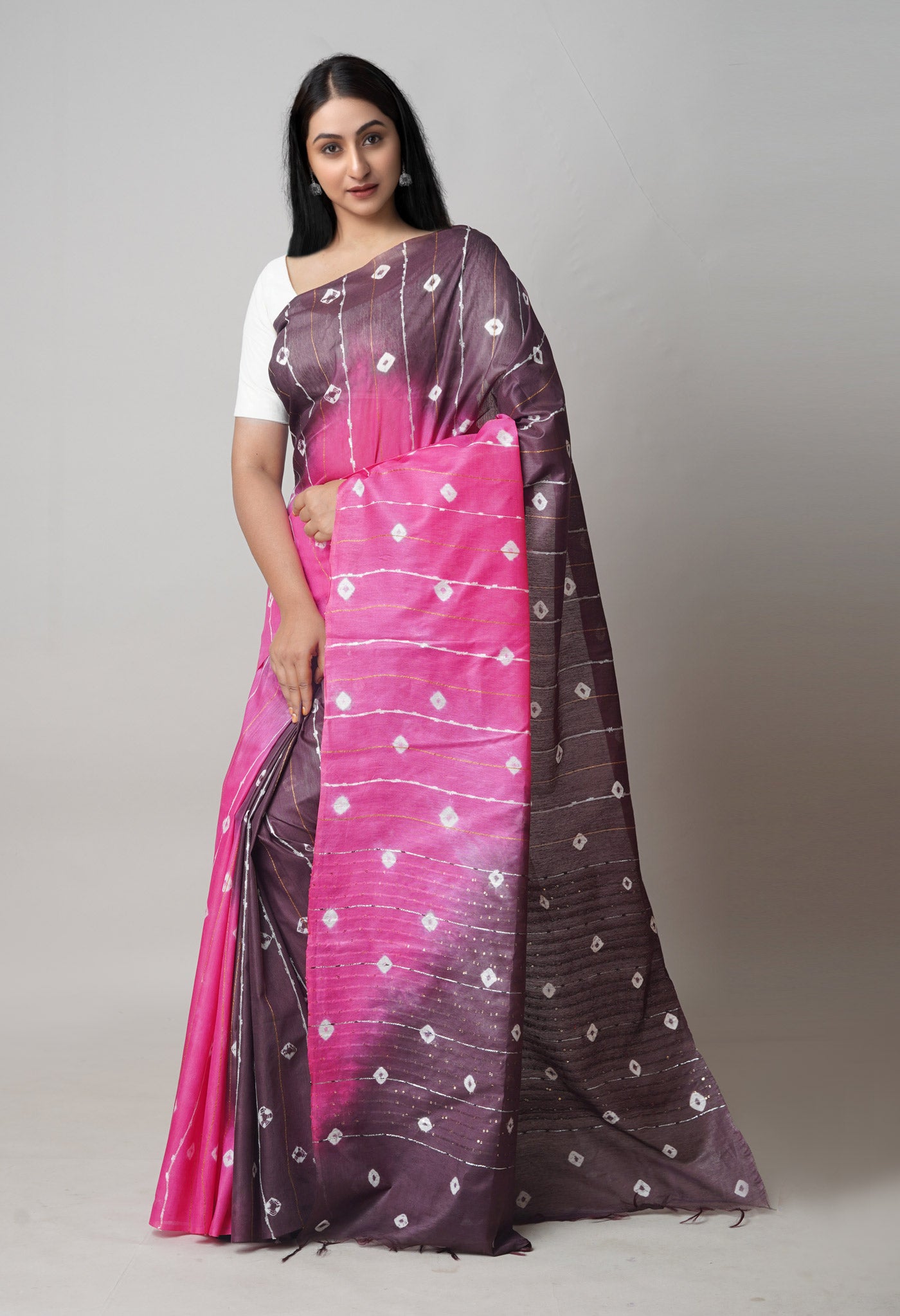 PinkChocolate Brown Tie And Dye Shibori Sico Saree-UNM73720