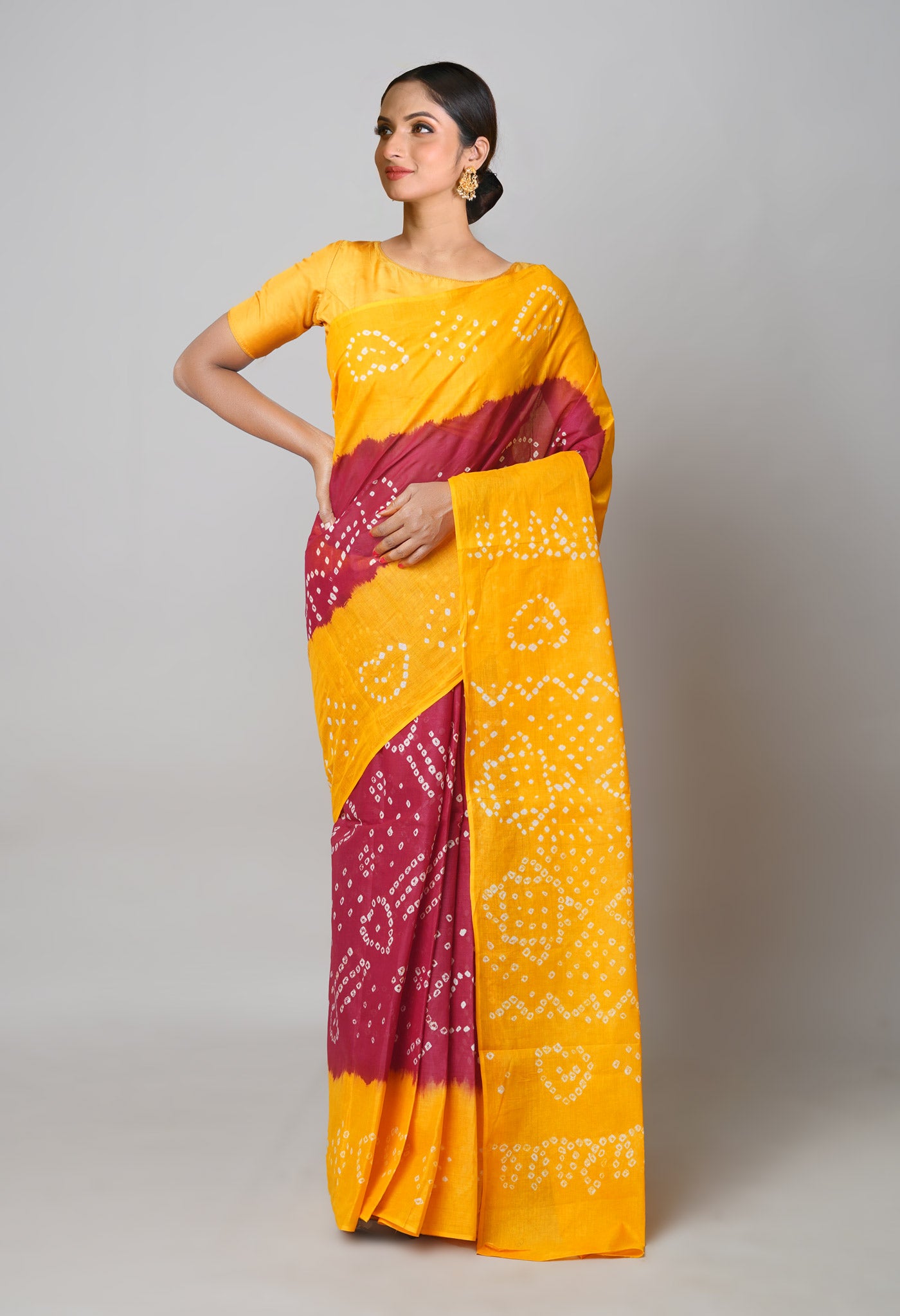 Maroon-Yellow Pure Bandhani Cotton Saree