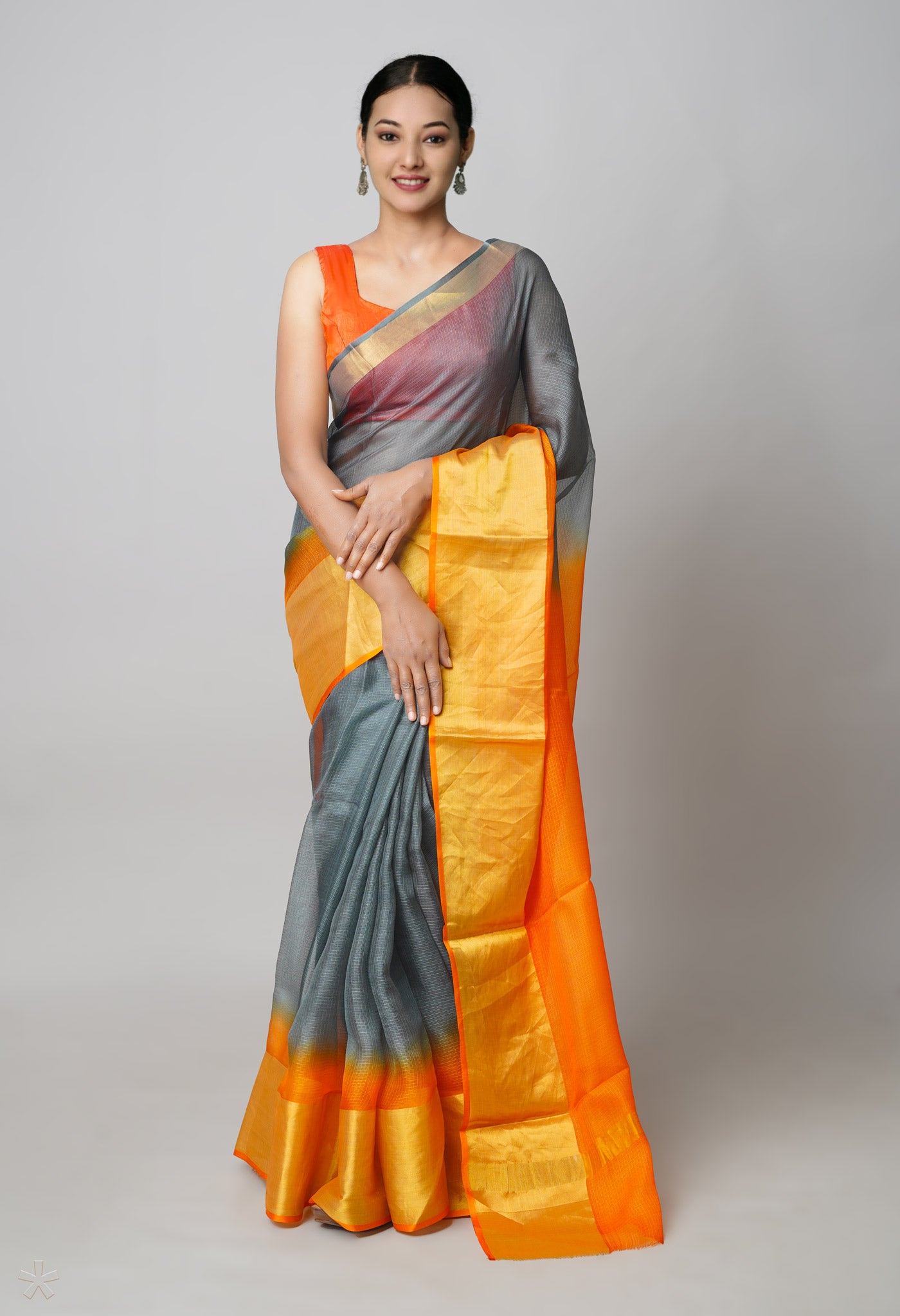 Grey-Orange Pure Dyed Kota Silk Saree-UNM73898