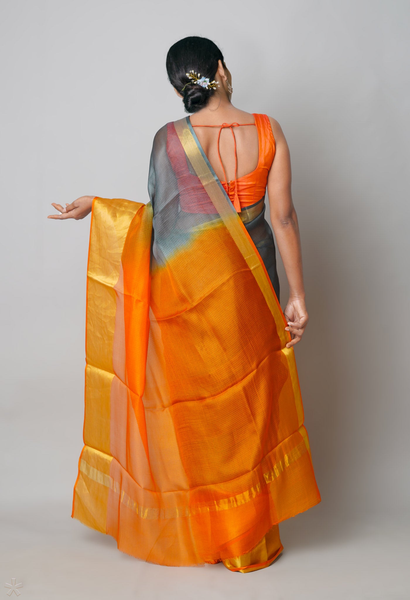 Grey-Orange Pure Dyed Kota Silk Saree-UNM73898
