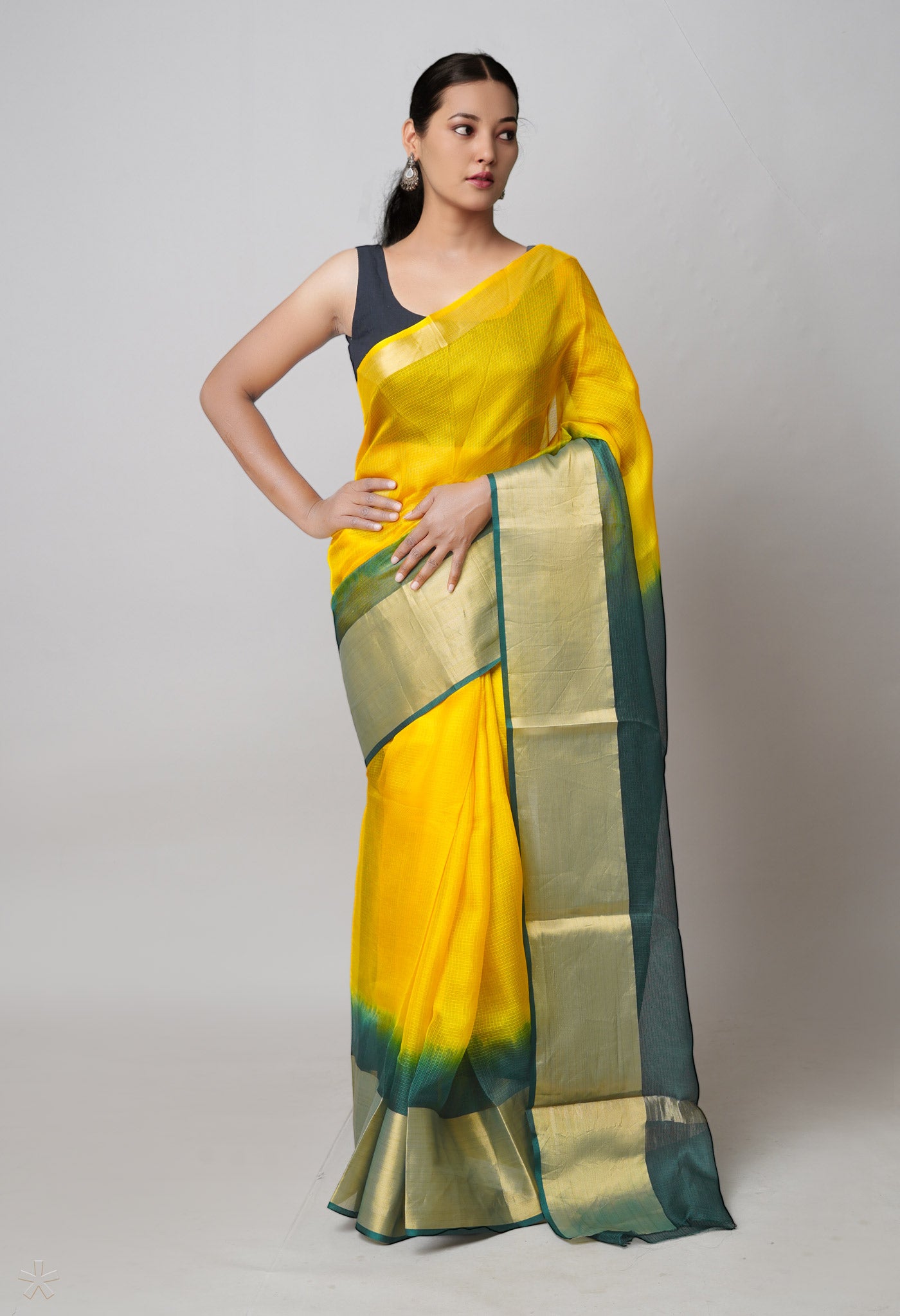 Yellow-Dark Green Pure  Dyed Kota Silk Saree-UNM73900