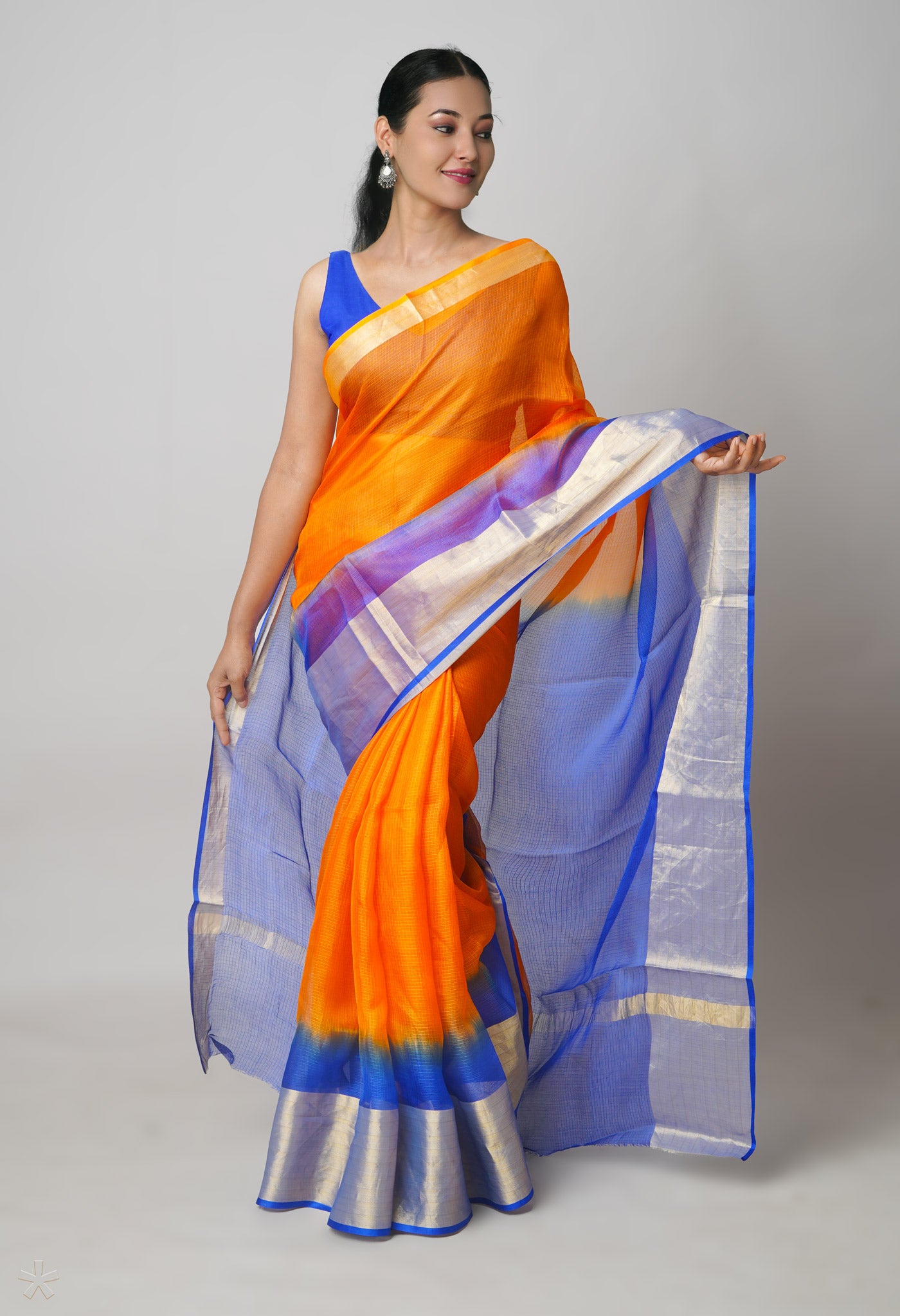 Orange-Dark Blue Pure Dyed Kota Silk Saree