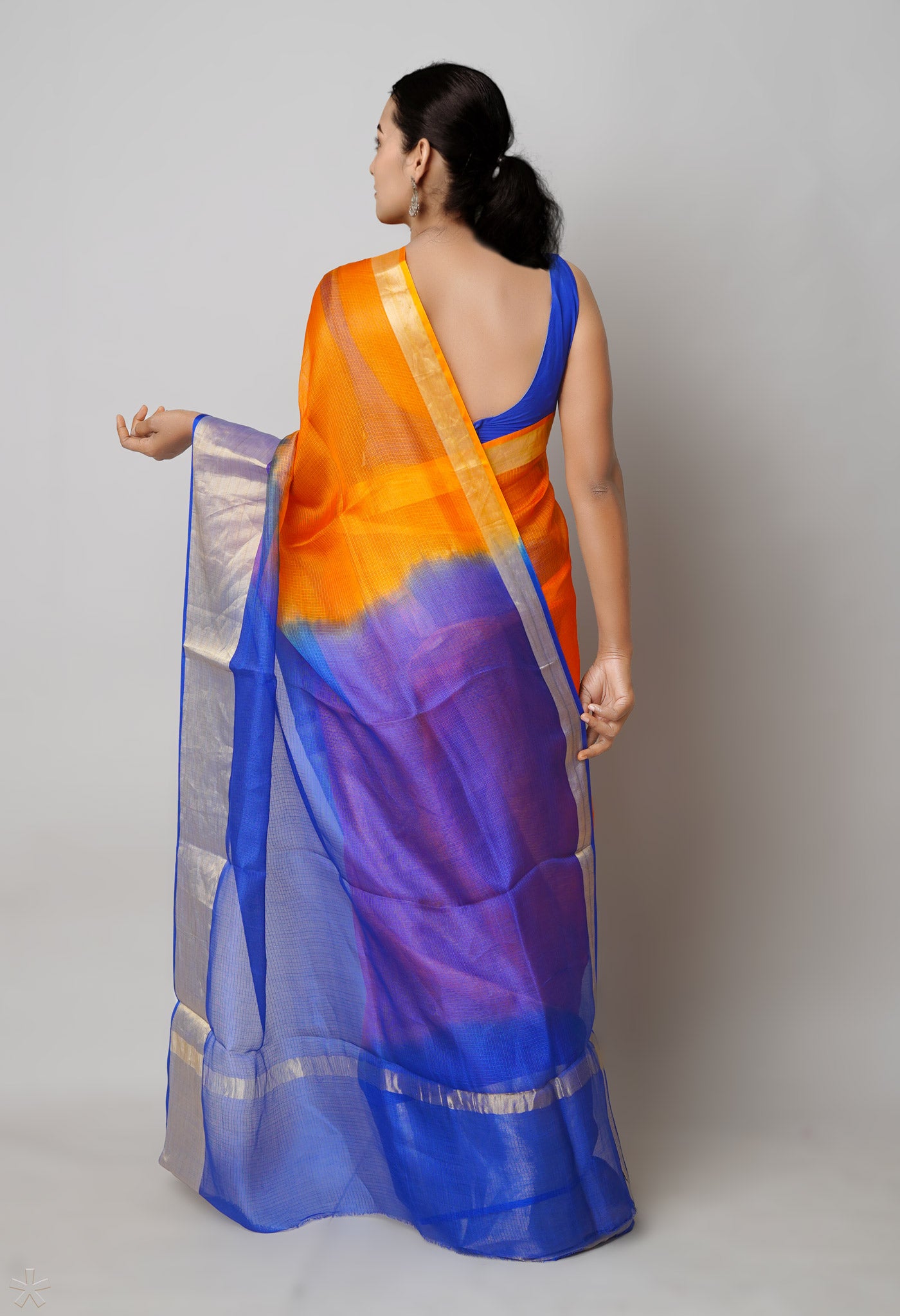 Orange-Dark Blue Pure Dyed Kota Silk Saree