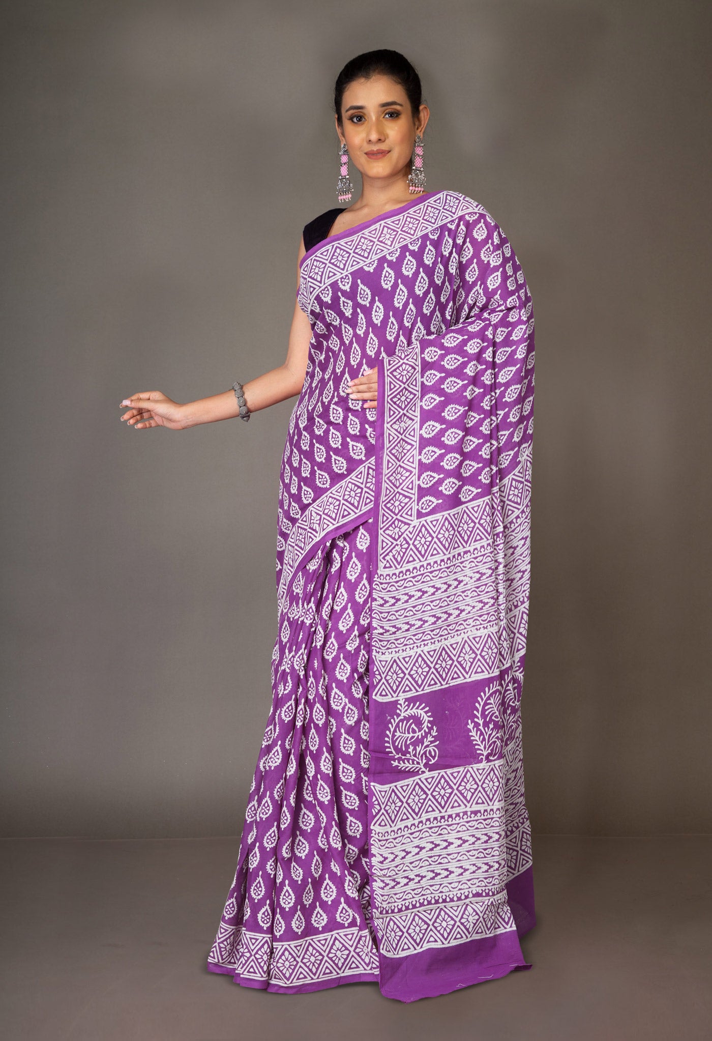 Purple Pure Hand Block Printed Soft Cotton Saree-UNM73957