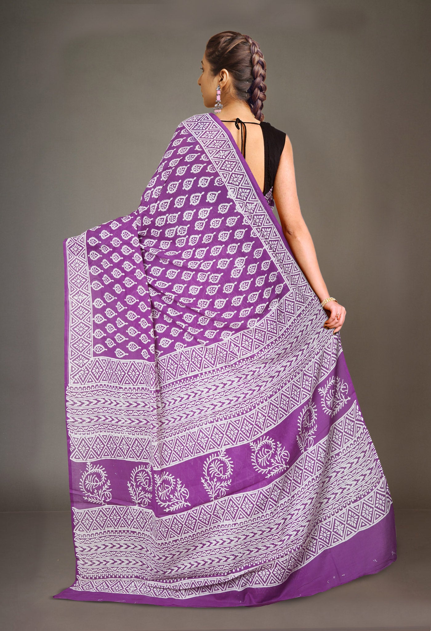 Purple Pure Hand Block Printed Soft Cotton Saree-UNM73957