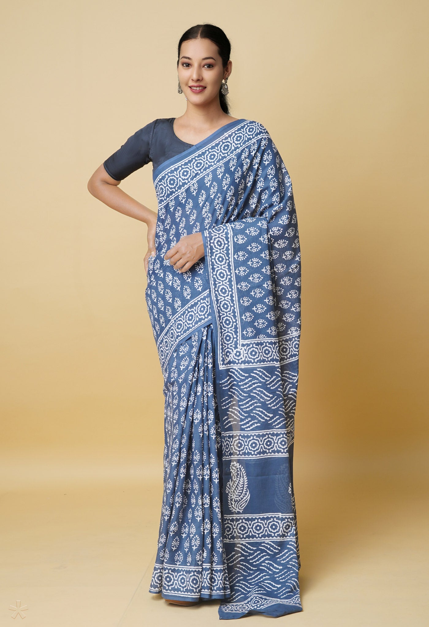 Grey Pure Hand Block Printed Soft Cotton Saree