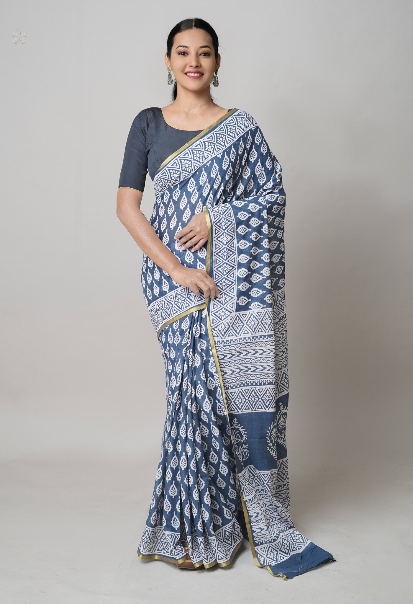 Grey Pure Hand Block Printed Soft Cotton Saree