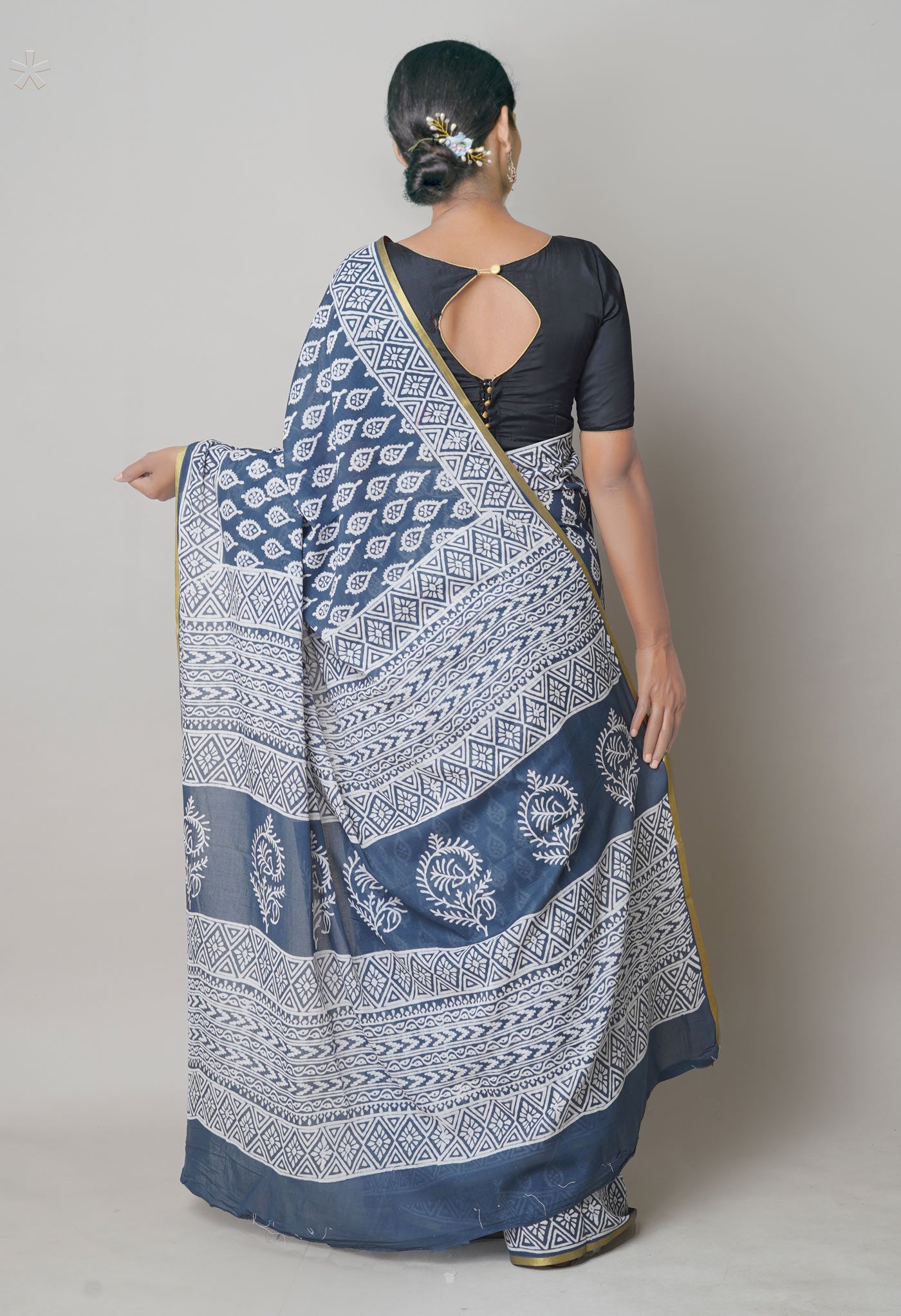 Grey Pure Hand Block Printed Soft Cotton Saree