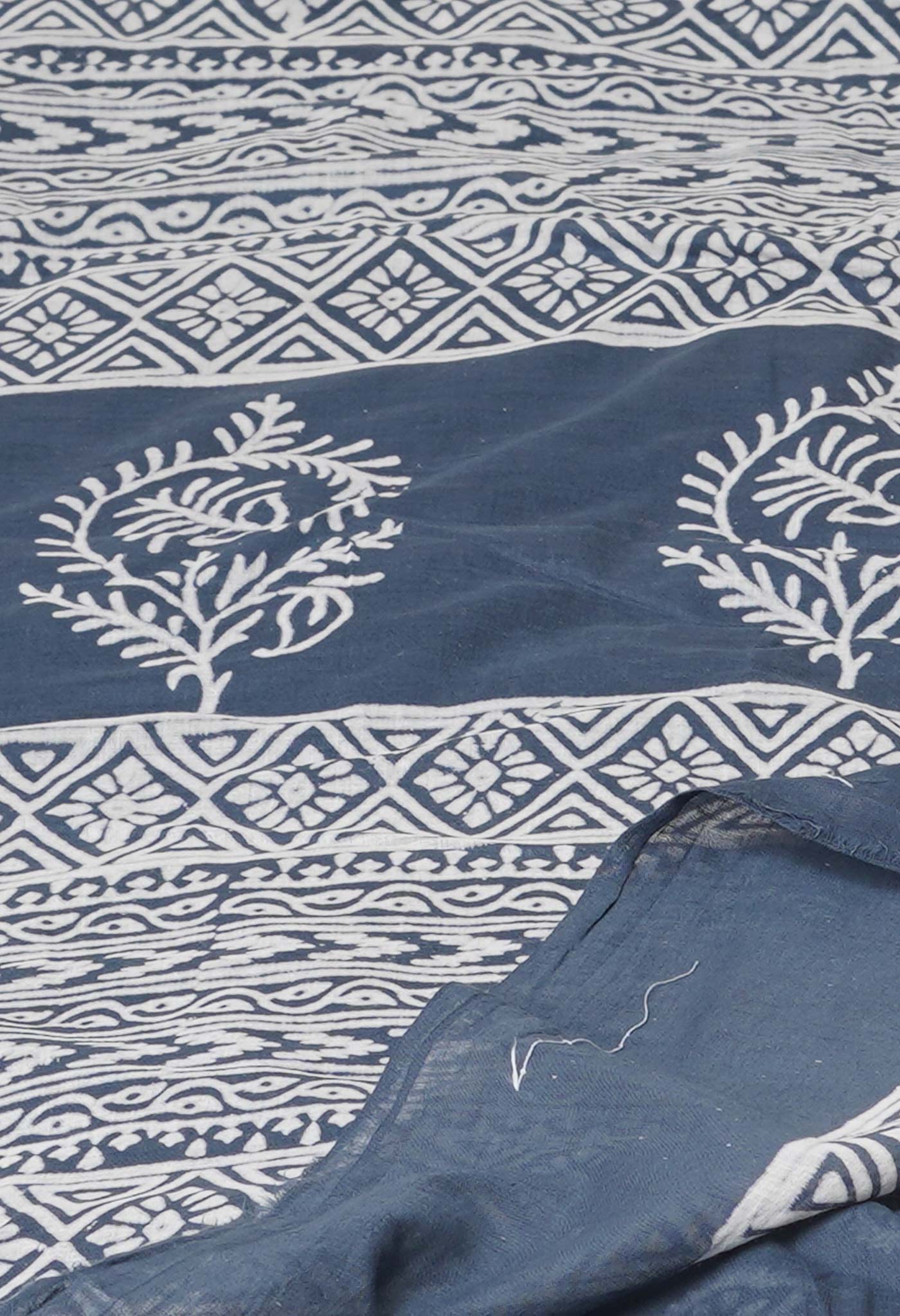 Grey Pure Hand Block Printed Soft Cotton Saree