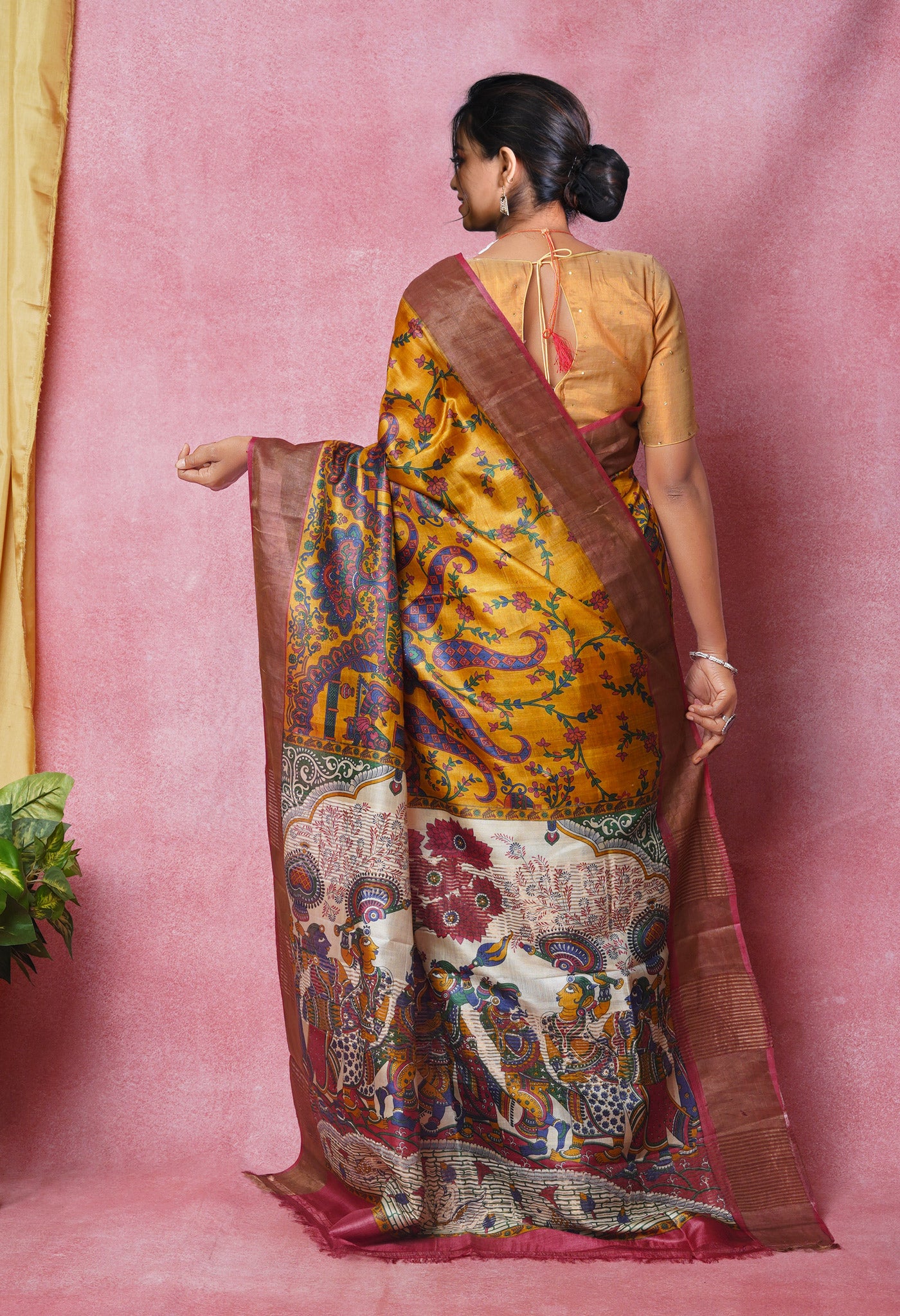 Mustard Yellow Pure Handloom Designer Printed Bengal Tussar Silk Saree-UNM74048