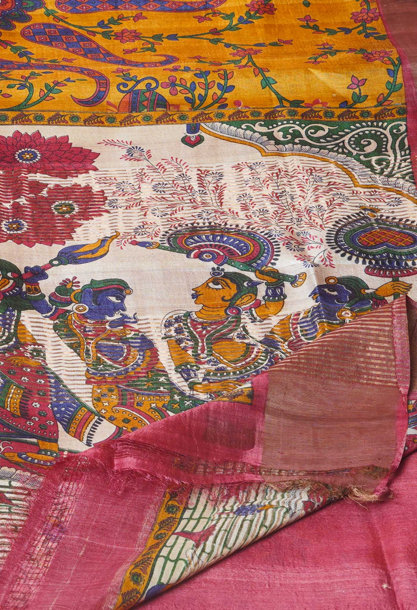 Mustard Yellow Pure Handloom Designer Printed Bengal Tussar Silk Saree-UNM74048