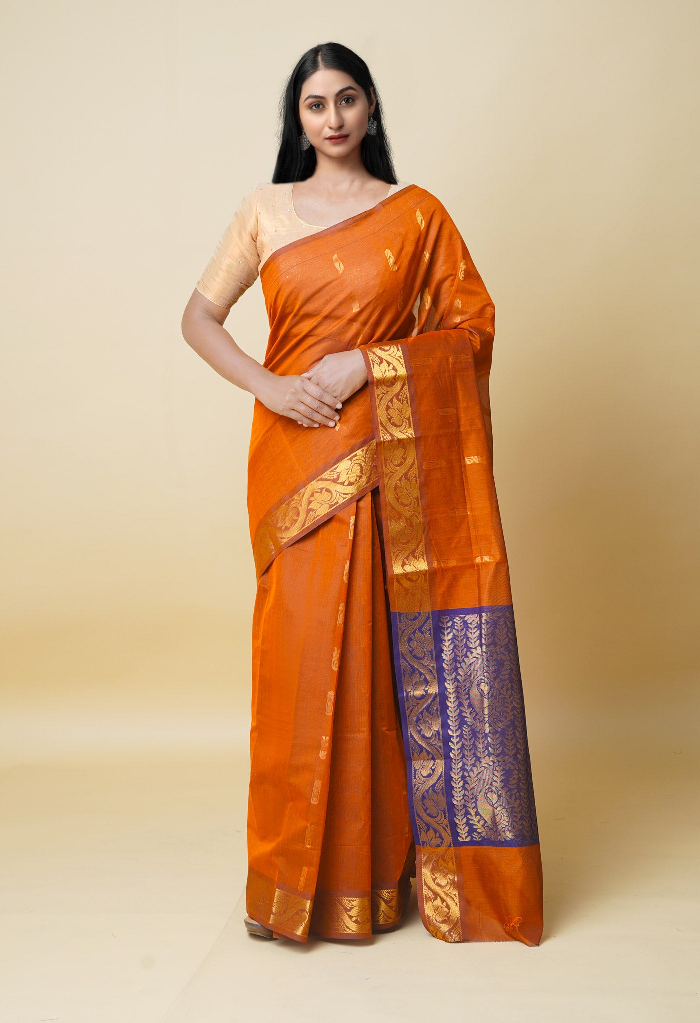 Burnt Orange Pure Handloom Mercerized Superfine Gadwal Cotton Saree-UNM74088