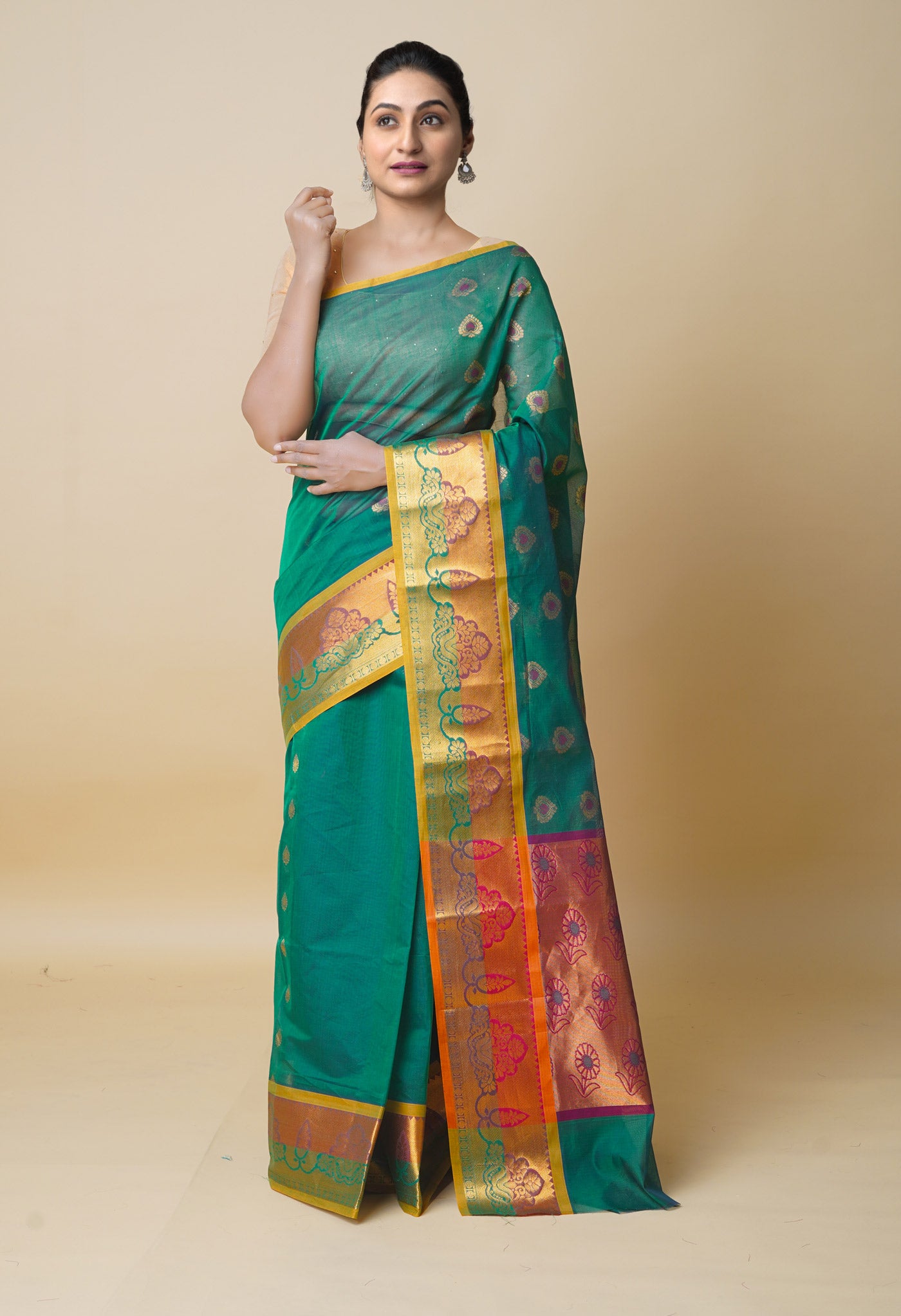Dark Green Pure Handloom Meena Mercerized Gadwal Cotton Saree-UNM74112