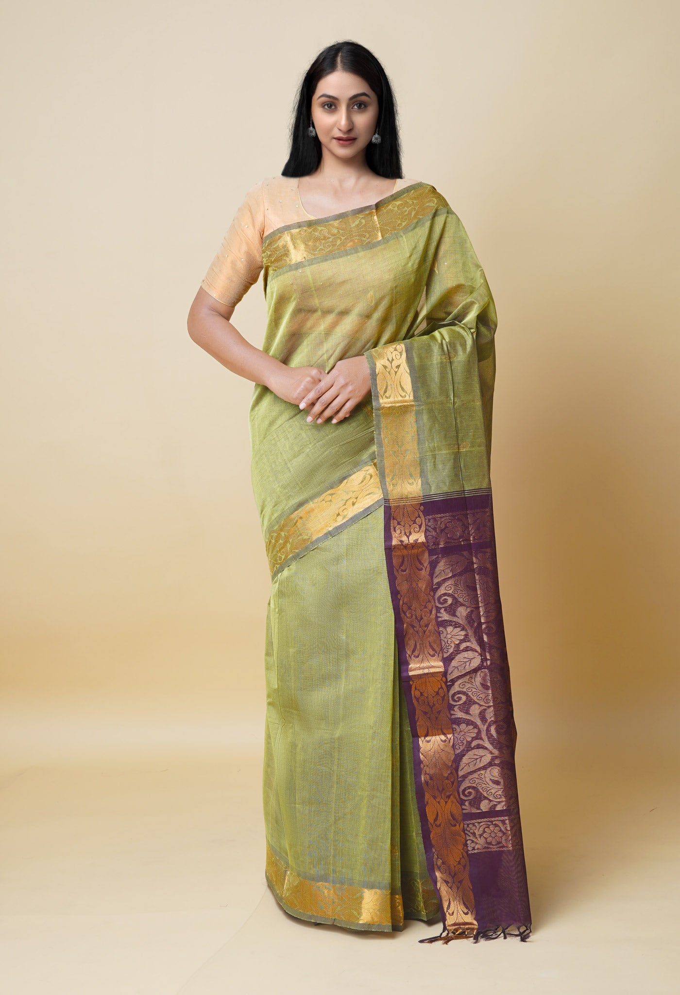 Olive Green Pure Handloom Gadwal Sico Saree-UNM74125