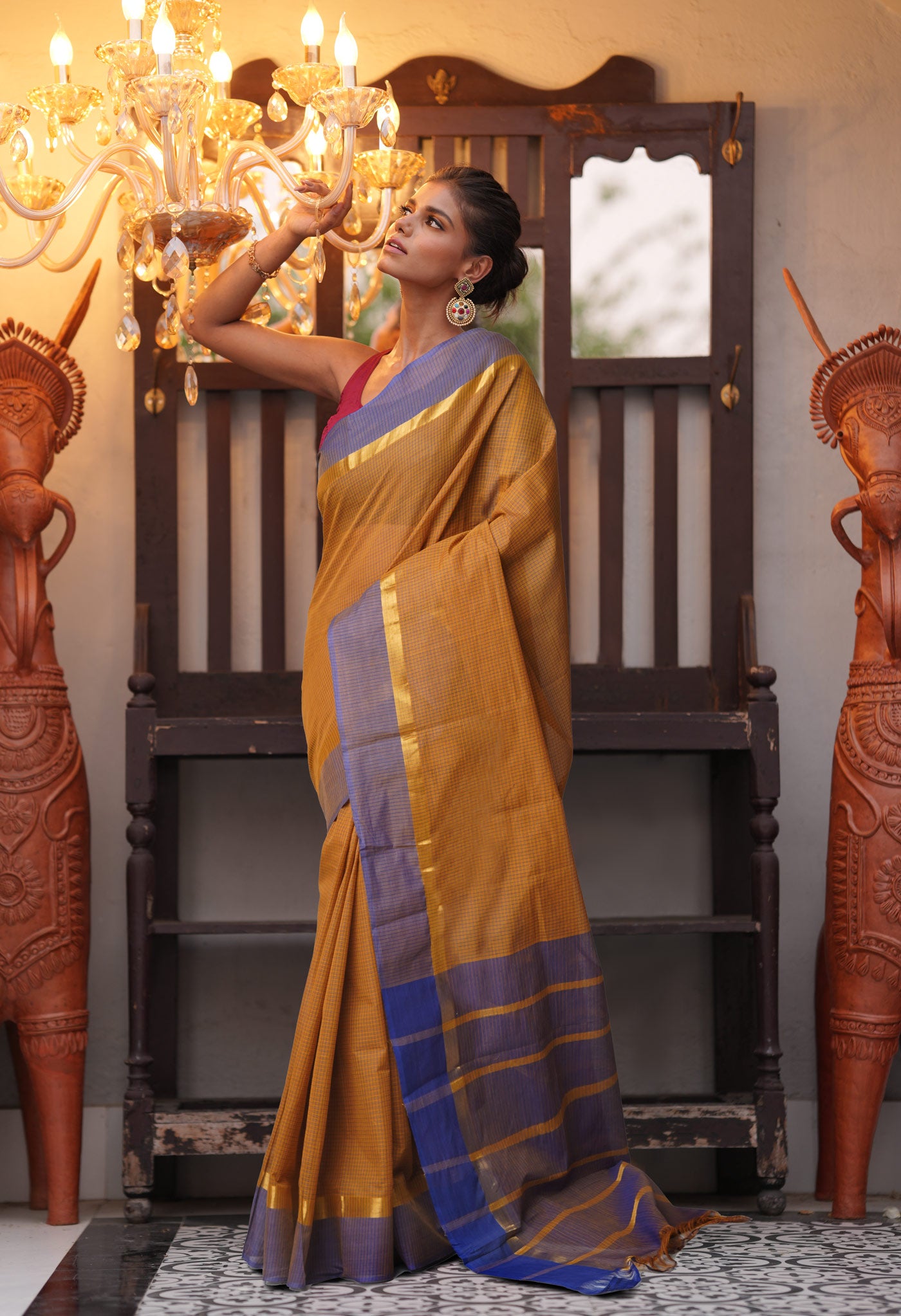 Brown Pure Mangalgiri With Checks Cotton Saree