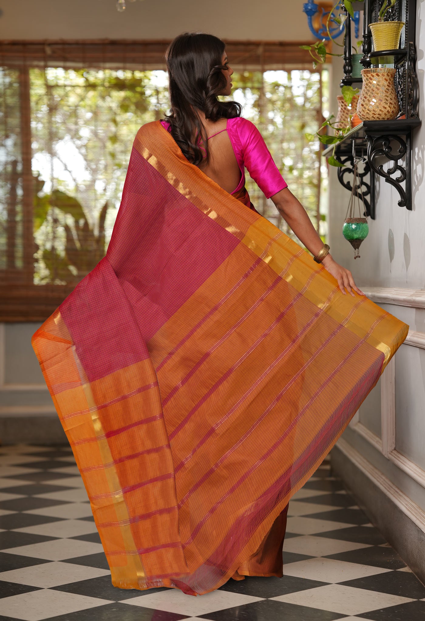 Maroon Pure Mangalgiri With Checks Cotton Saree