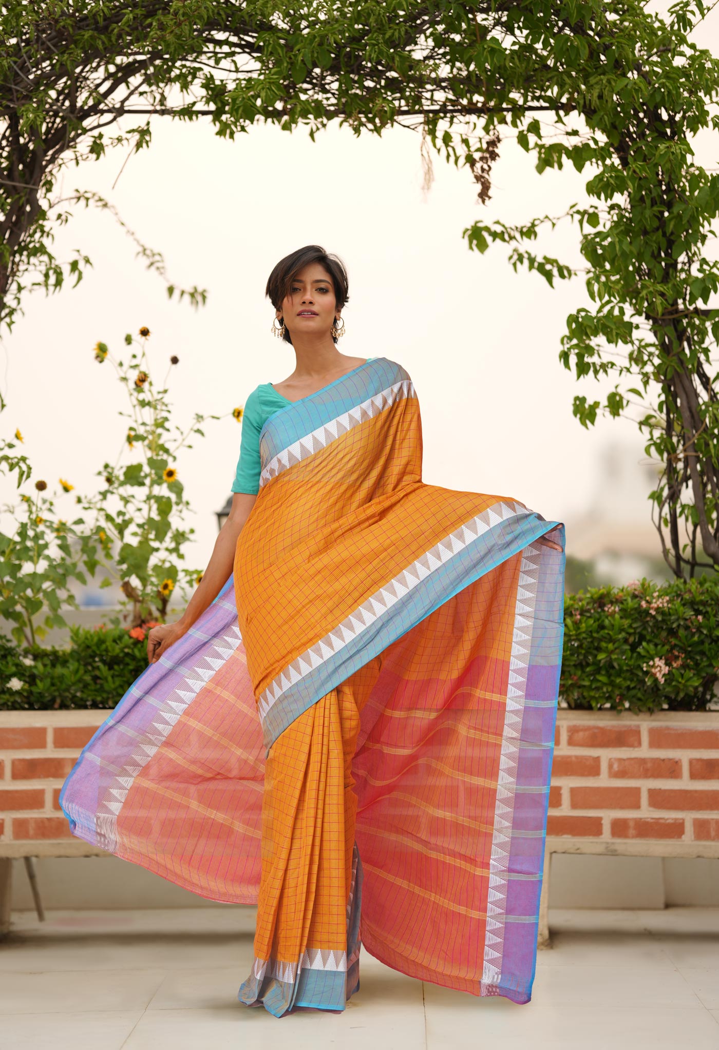 Brown Pure Mangalgiri With Checks Cotton Saree