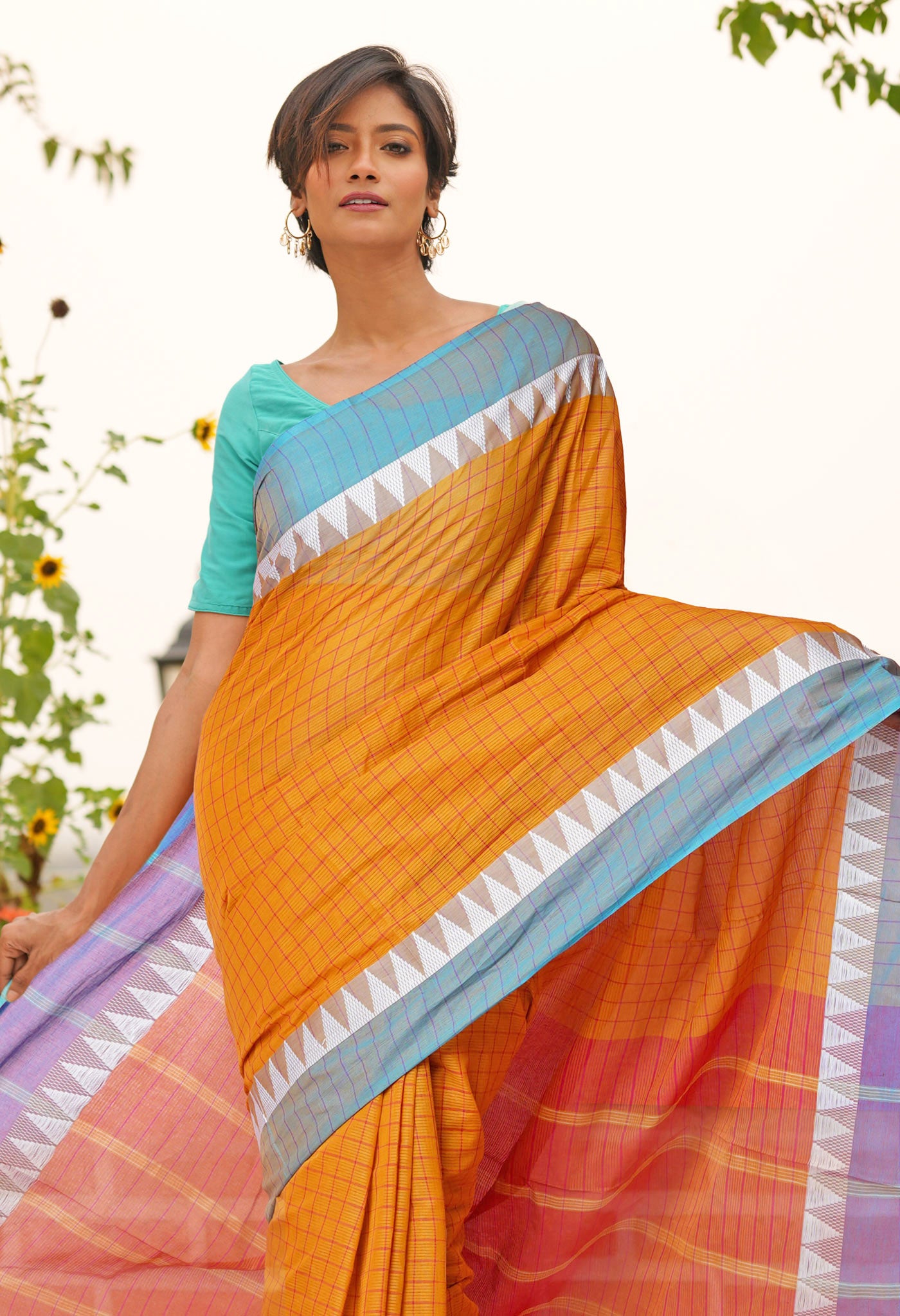 Brown Pure Mangalgiri With Checks Cotton Saree