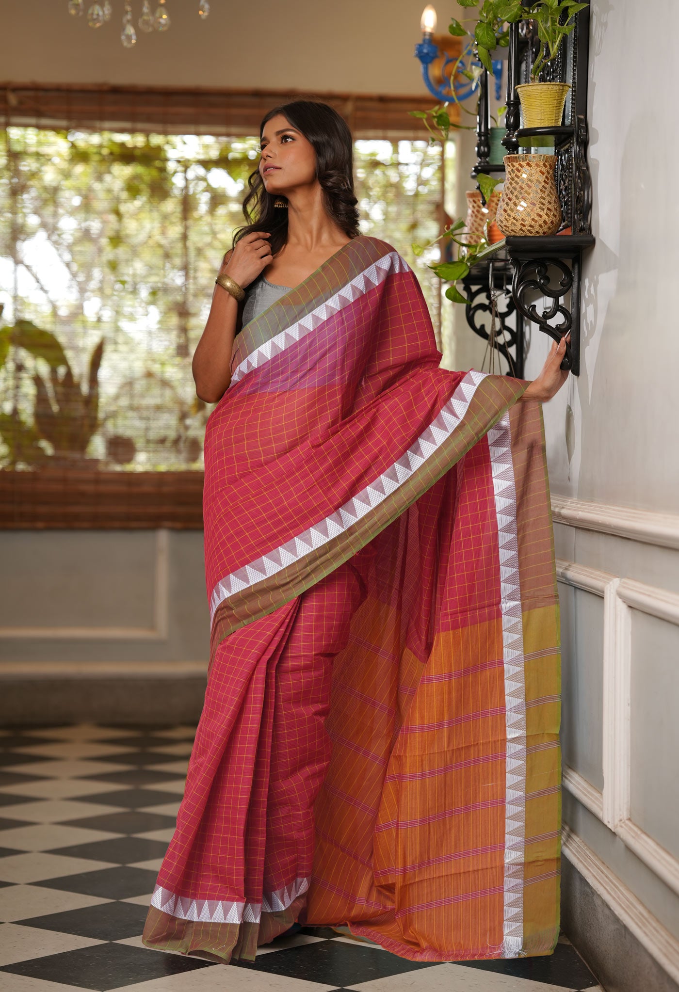 Maroon Pure Mangalgiri With Checks Cotton Saree