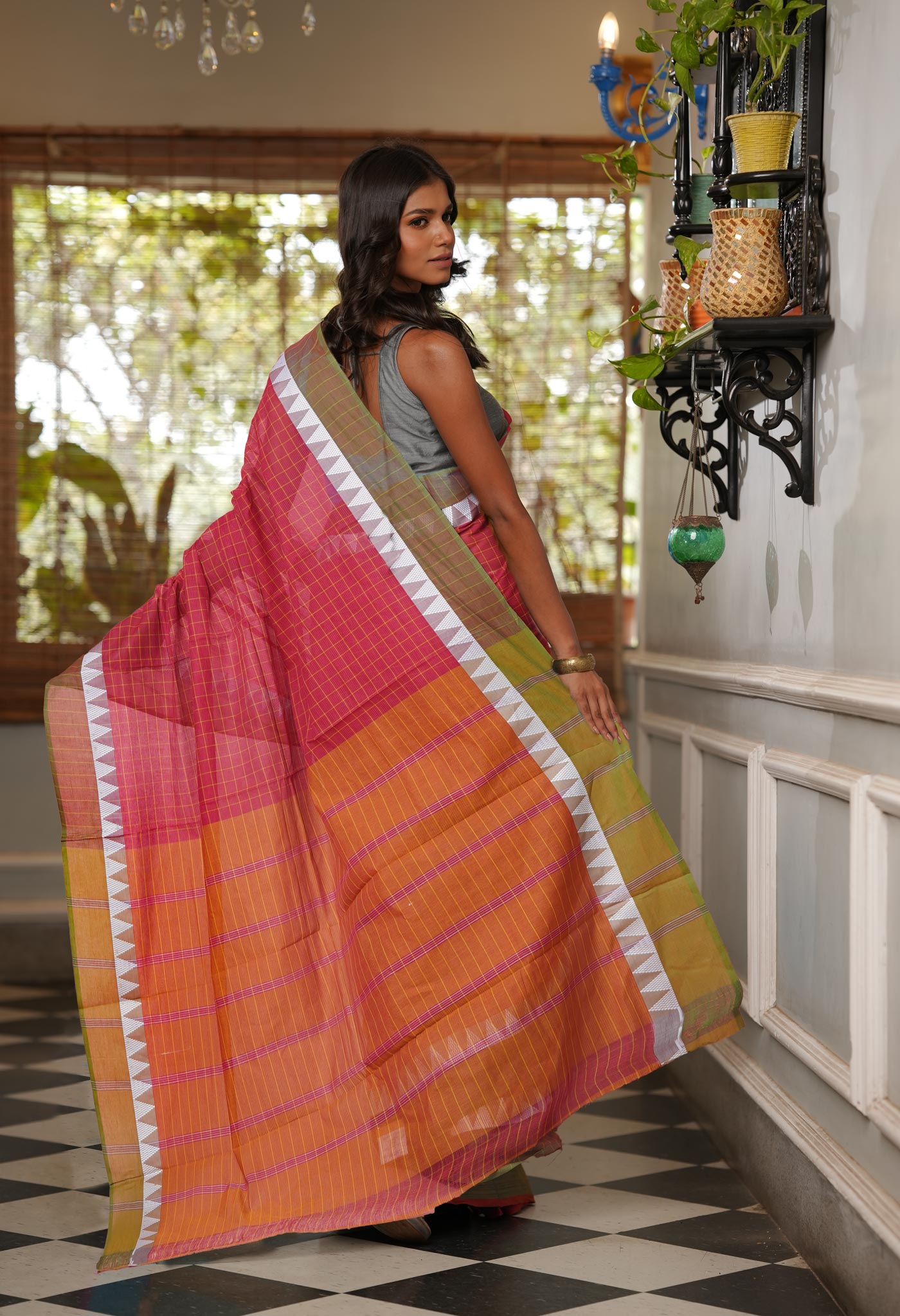 Maroon Pure Mangalgiri With Checks Cotton Saree