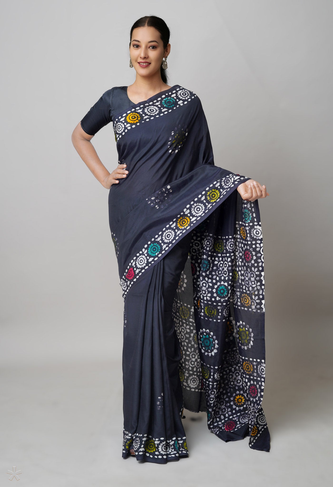 Black Pure Hand Block Wax Batik Printed Soft Silk Saree