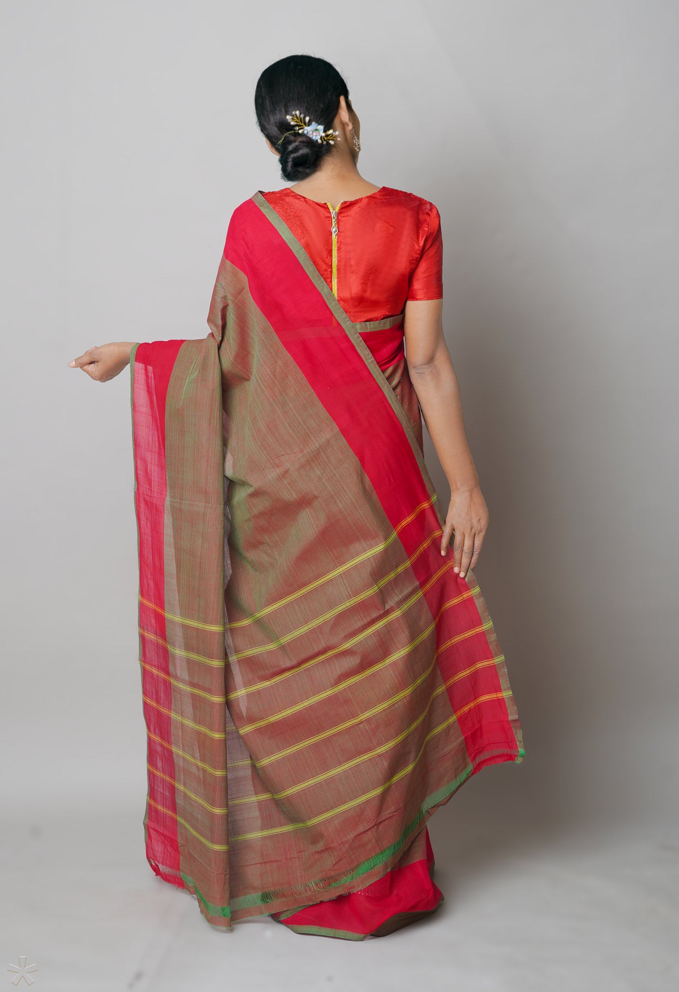 Green-Red Pure Andhra Handloom Cotton Saree
