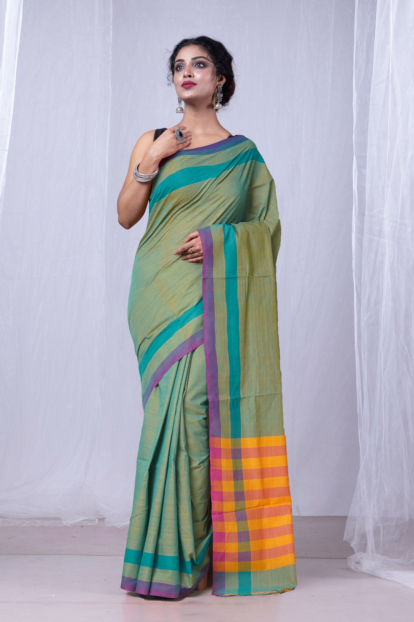 Orange-Green Pure Andhra Handloom Cotton Saree-UNM74211