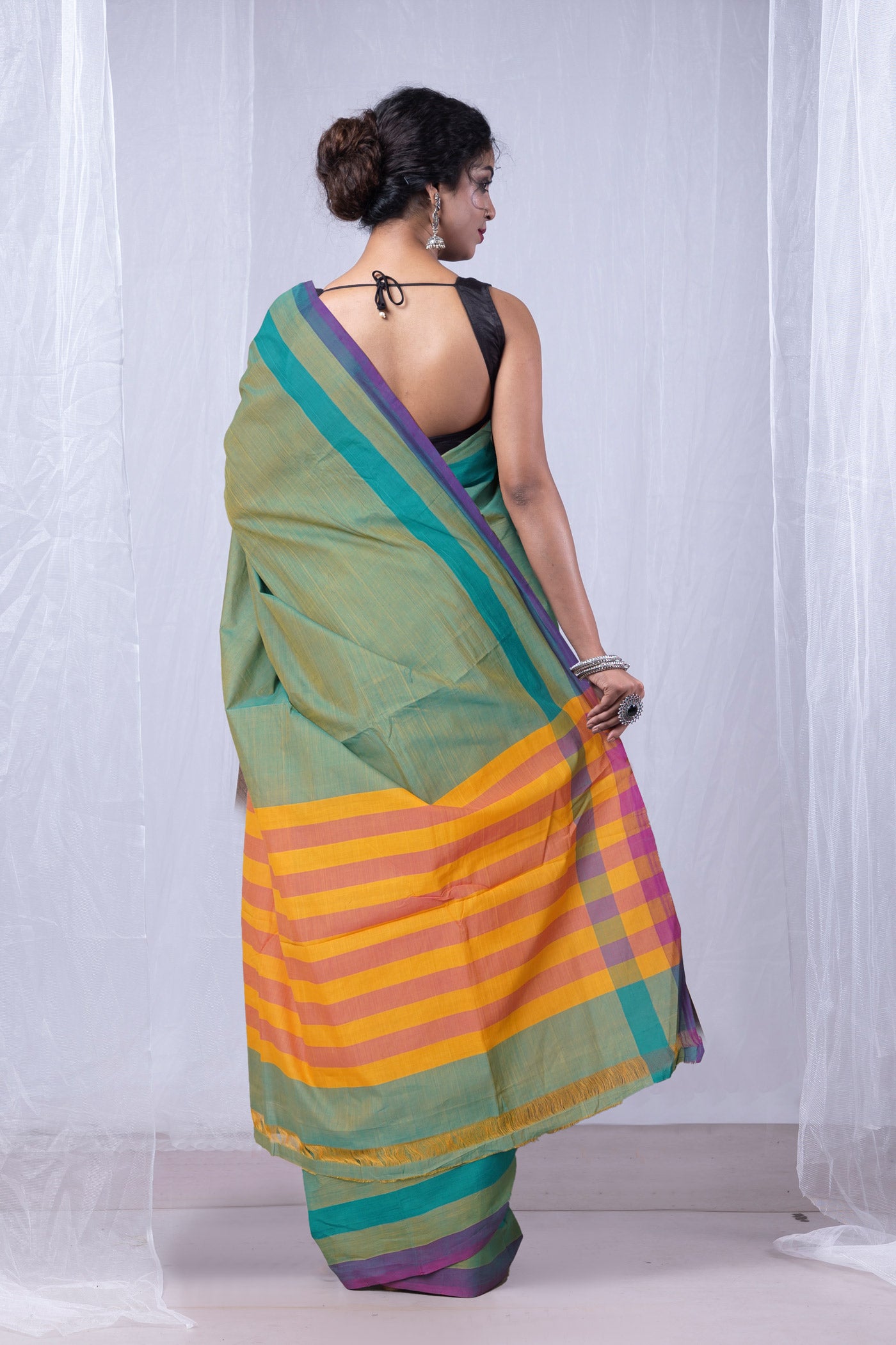 Orange-Green Pure Andhra Handloom Cotton Saree-UNM74211