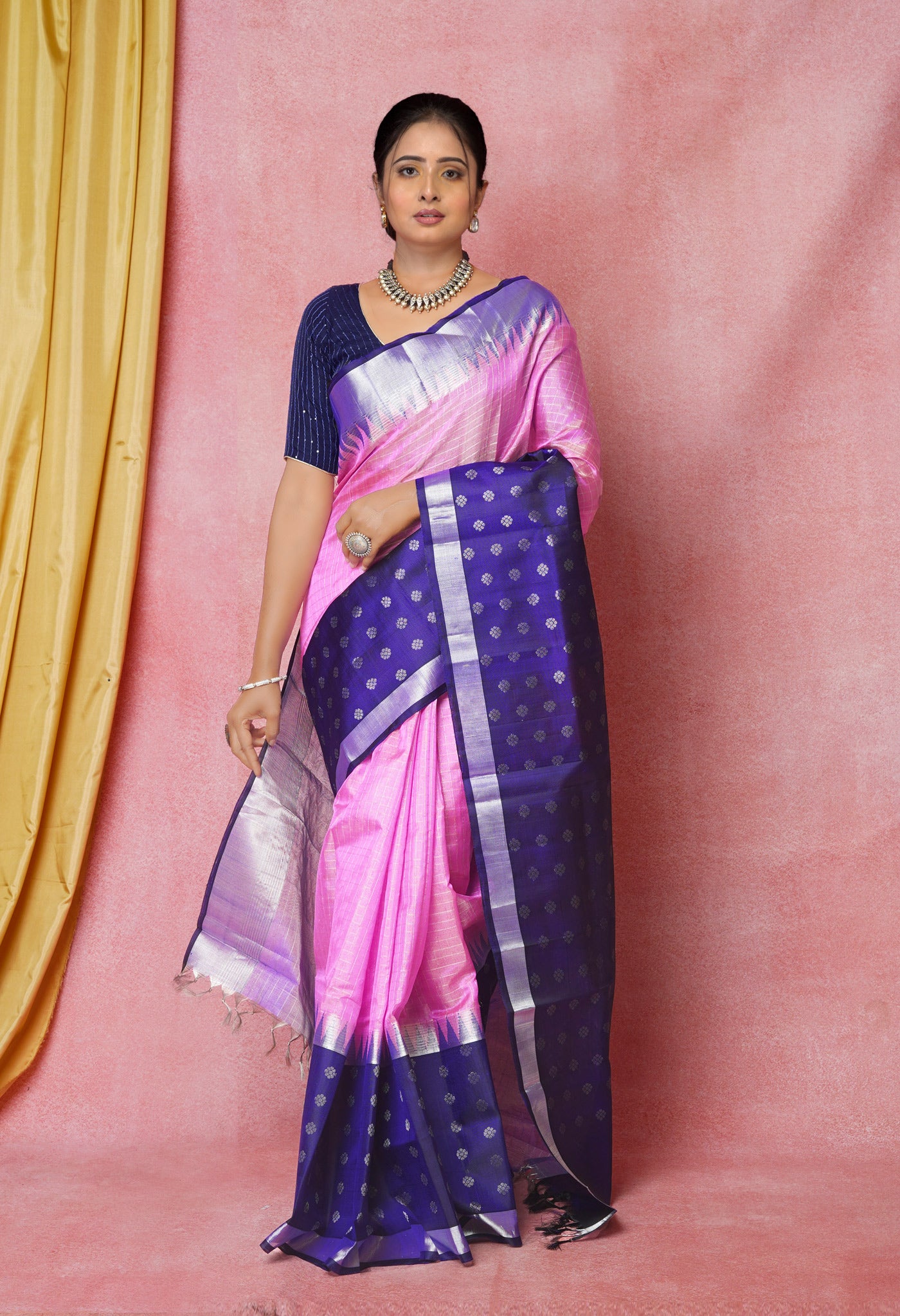 Pink-Navy Blue Pure Handloom Assam With Silver Zari Weaving checks Silk Saree-UNM74229