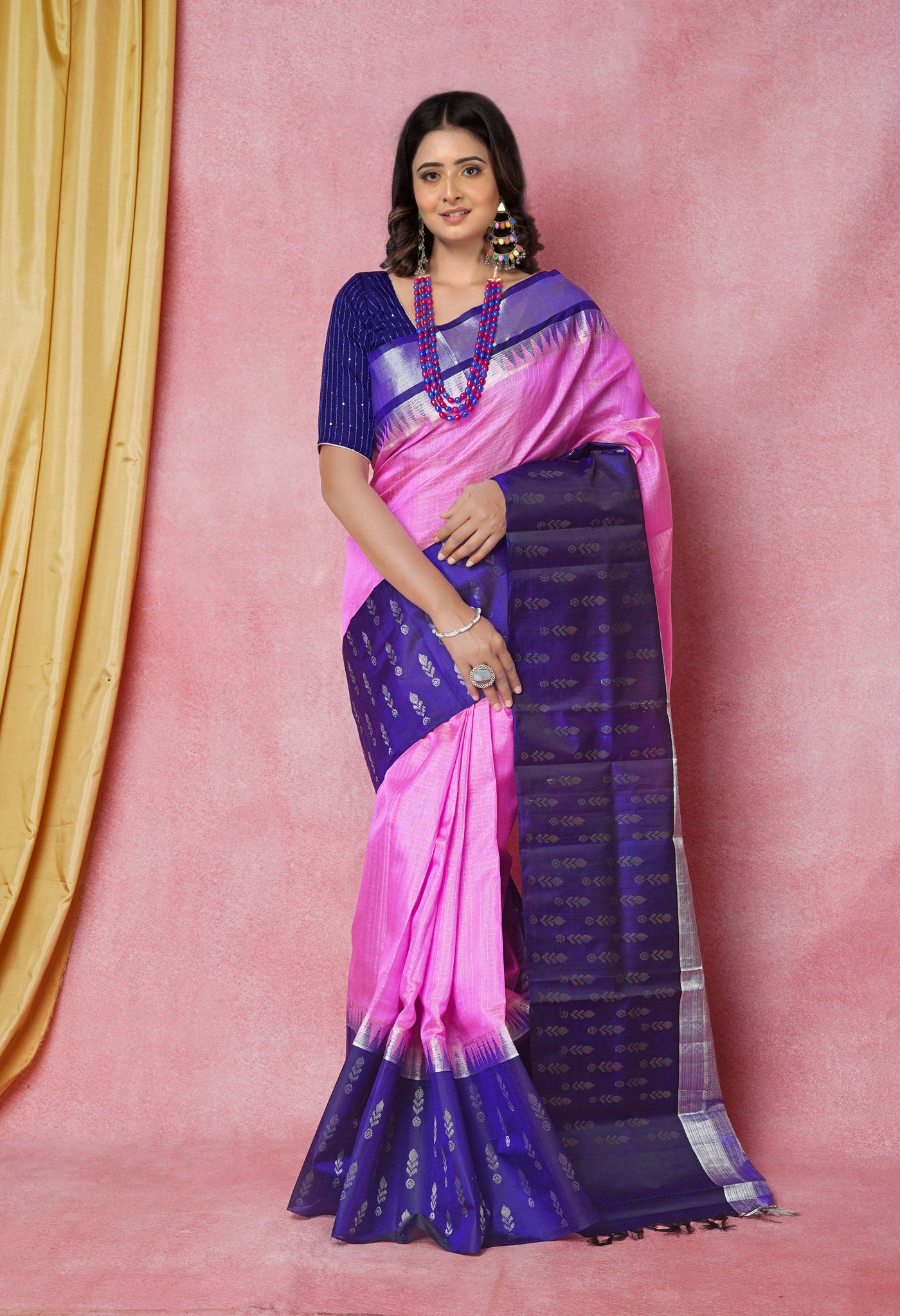 Pink-Navy Blue Pure Handloom Assam With Zari Weaving checks Silk Saree-UNM74237