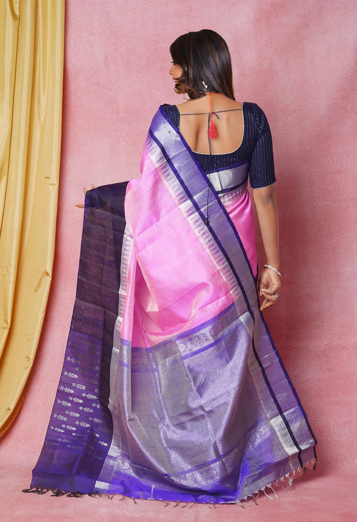 Pink-Navy Blue Pure Handloom Assam With Zari Weaving checks Silk Saree-UNM74237