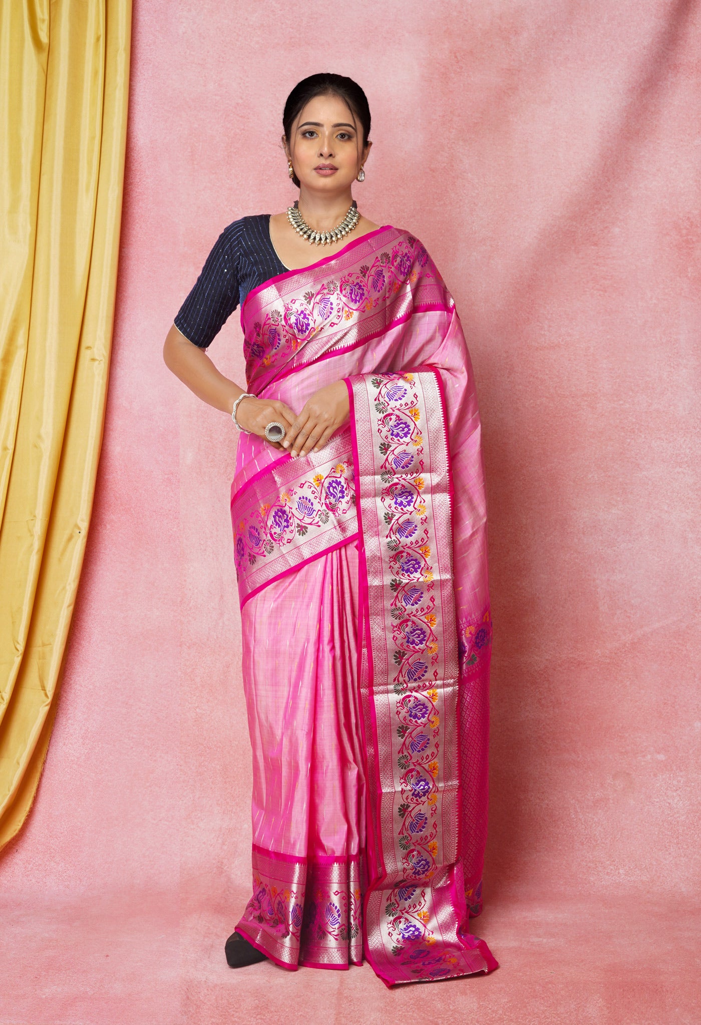 Baby Pink-Pink Pure Handloom Assam Silk Saree-UNM74244