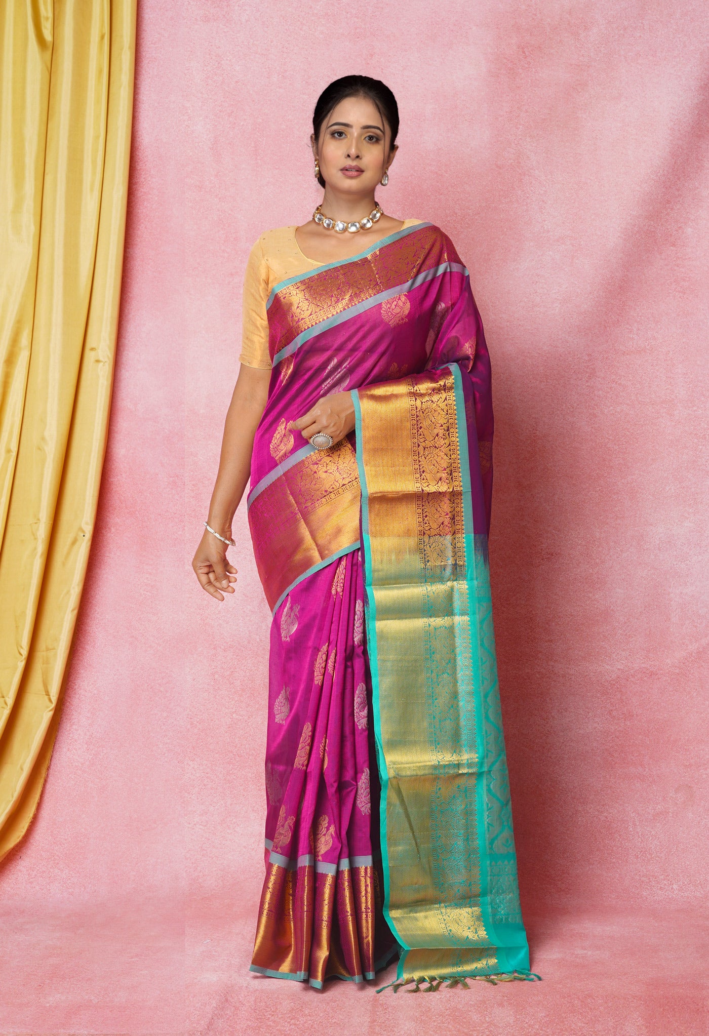 Wine Red-Green Pure Handloom Kanjivaram Silk Saree-UNM74246