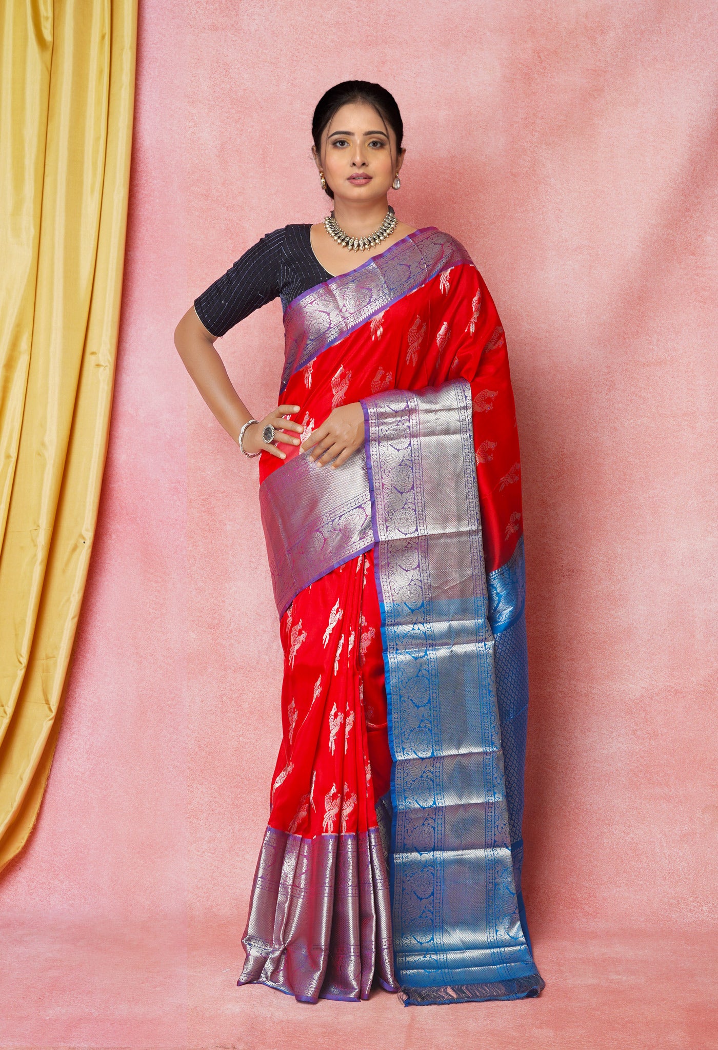 Red-Blue Pure Handloom Kanjivaram Silk Saree-UNM74260