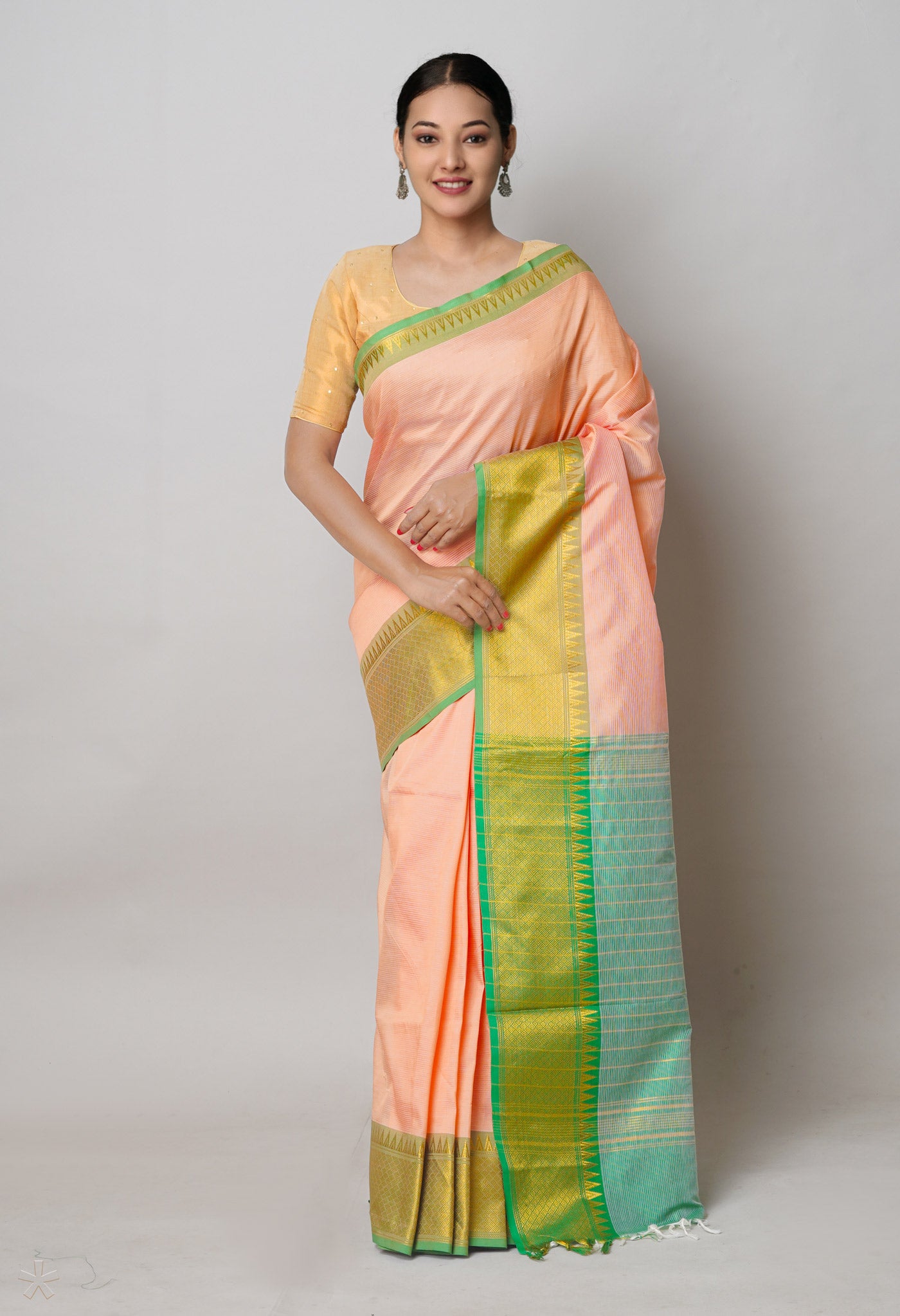Peach Orange Pure Handloom Narayanpet Silk Saree-UNM74283