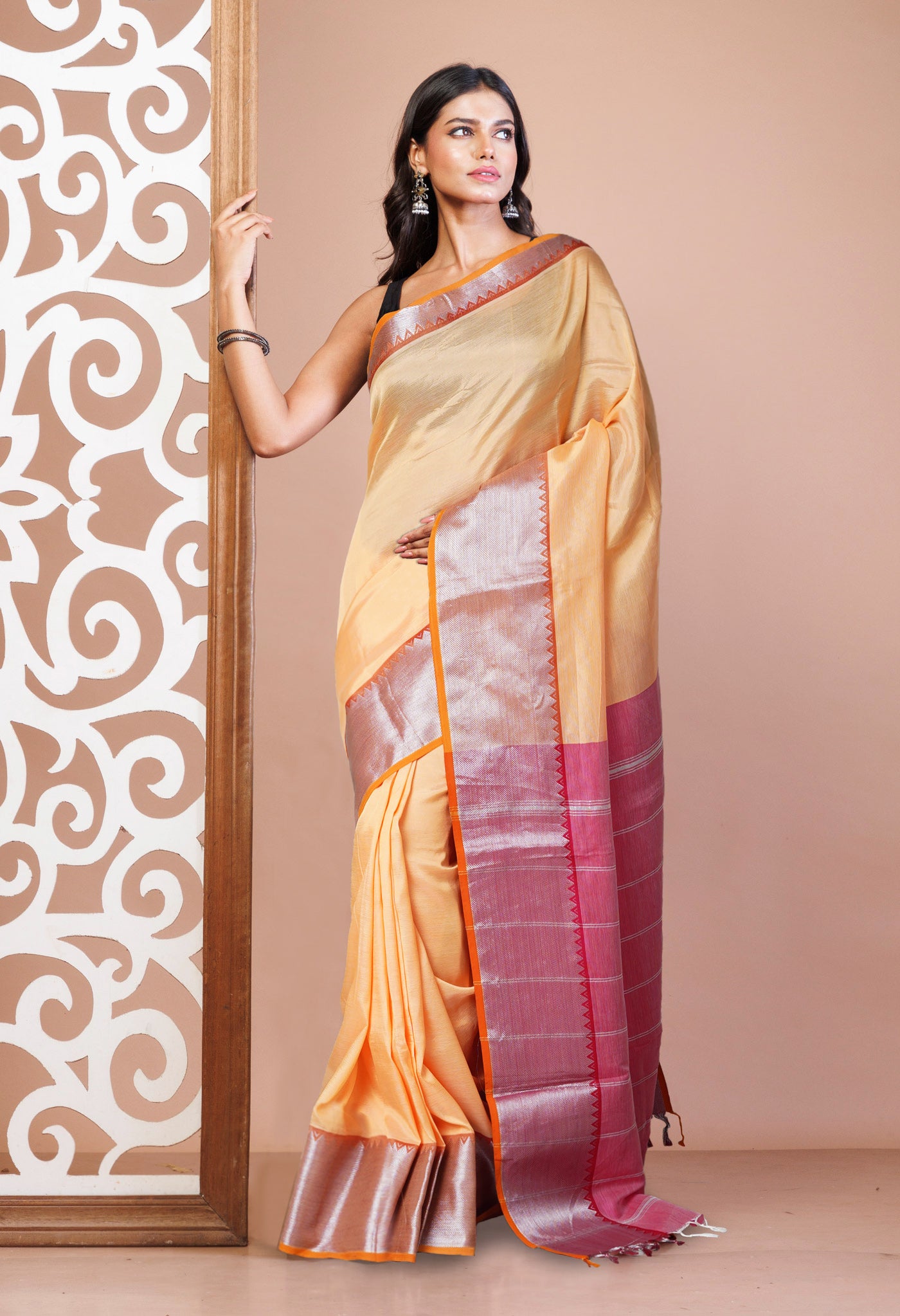 Orange Pure Handloom Mangalgiri Silk Saree-UNM74328