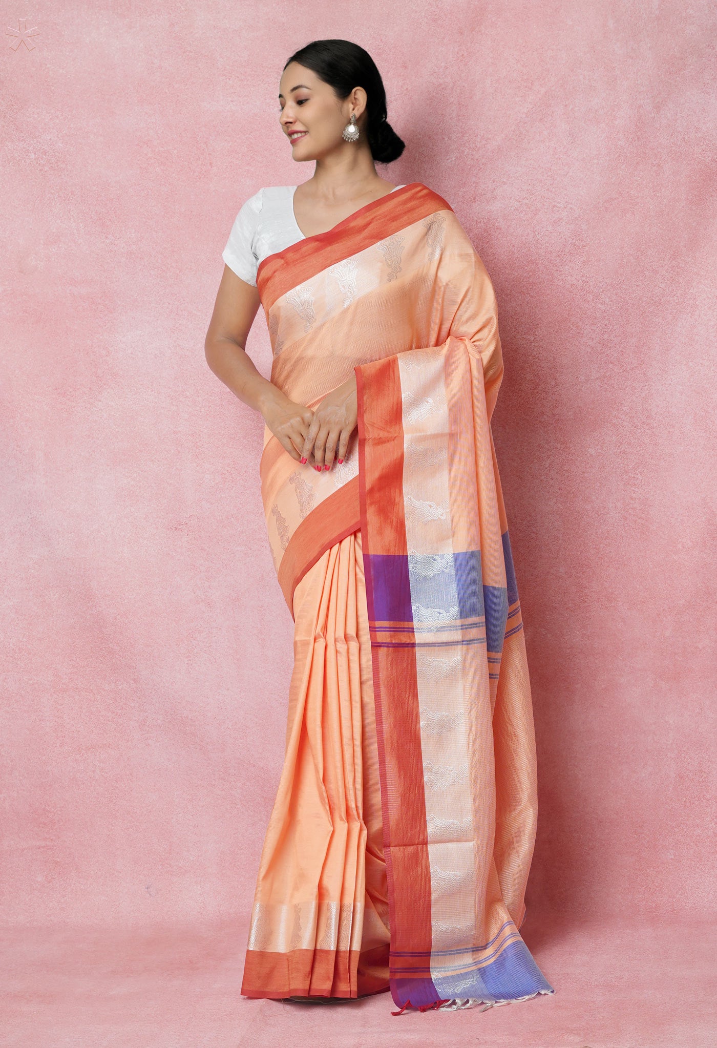 Peach Orange Pure Handloom Chettinad Silk Saree