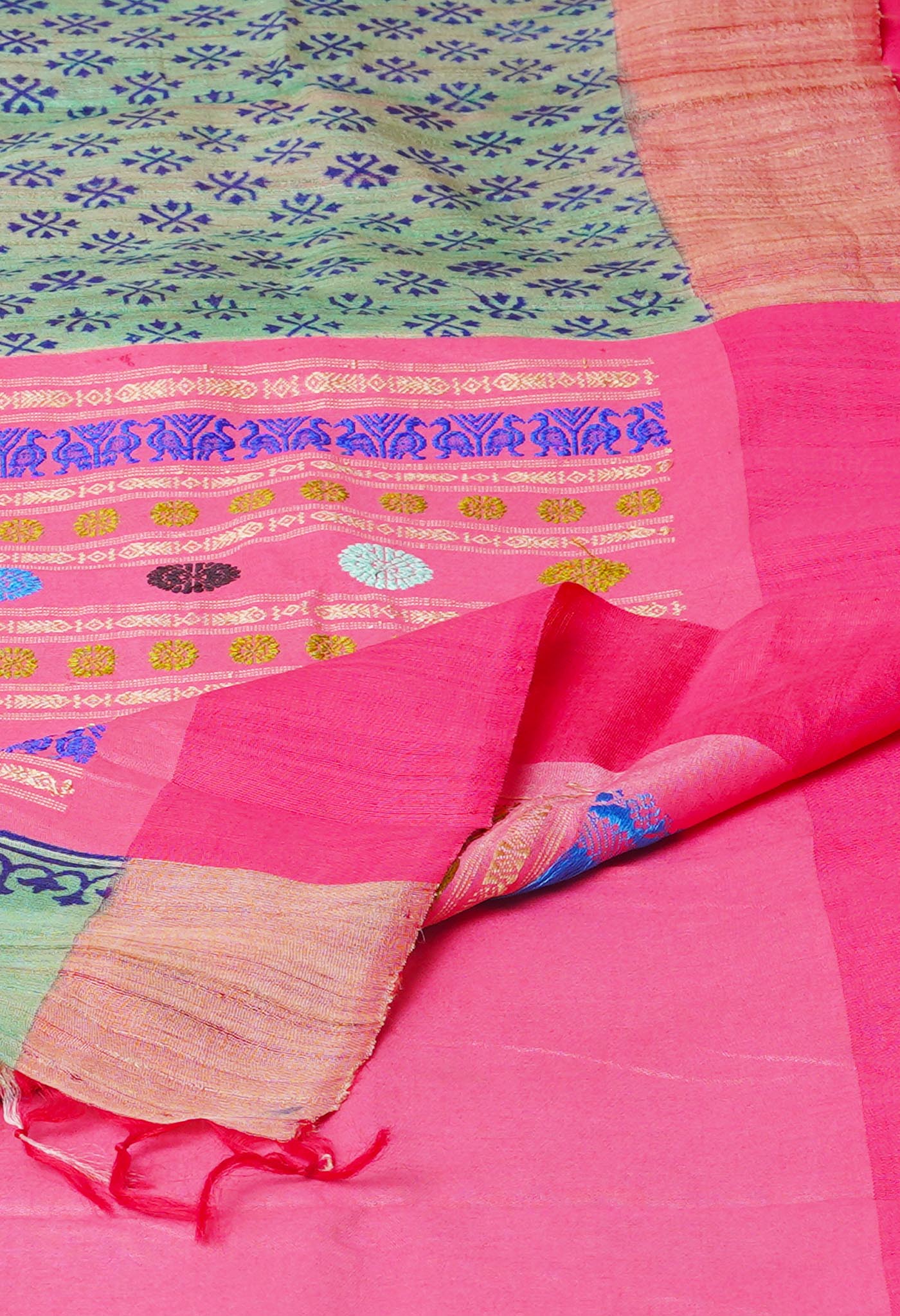 Pale Green Pure Handloom Hand Block Printed Vidarbha Tussar Silk Saree