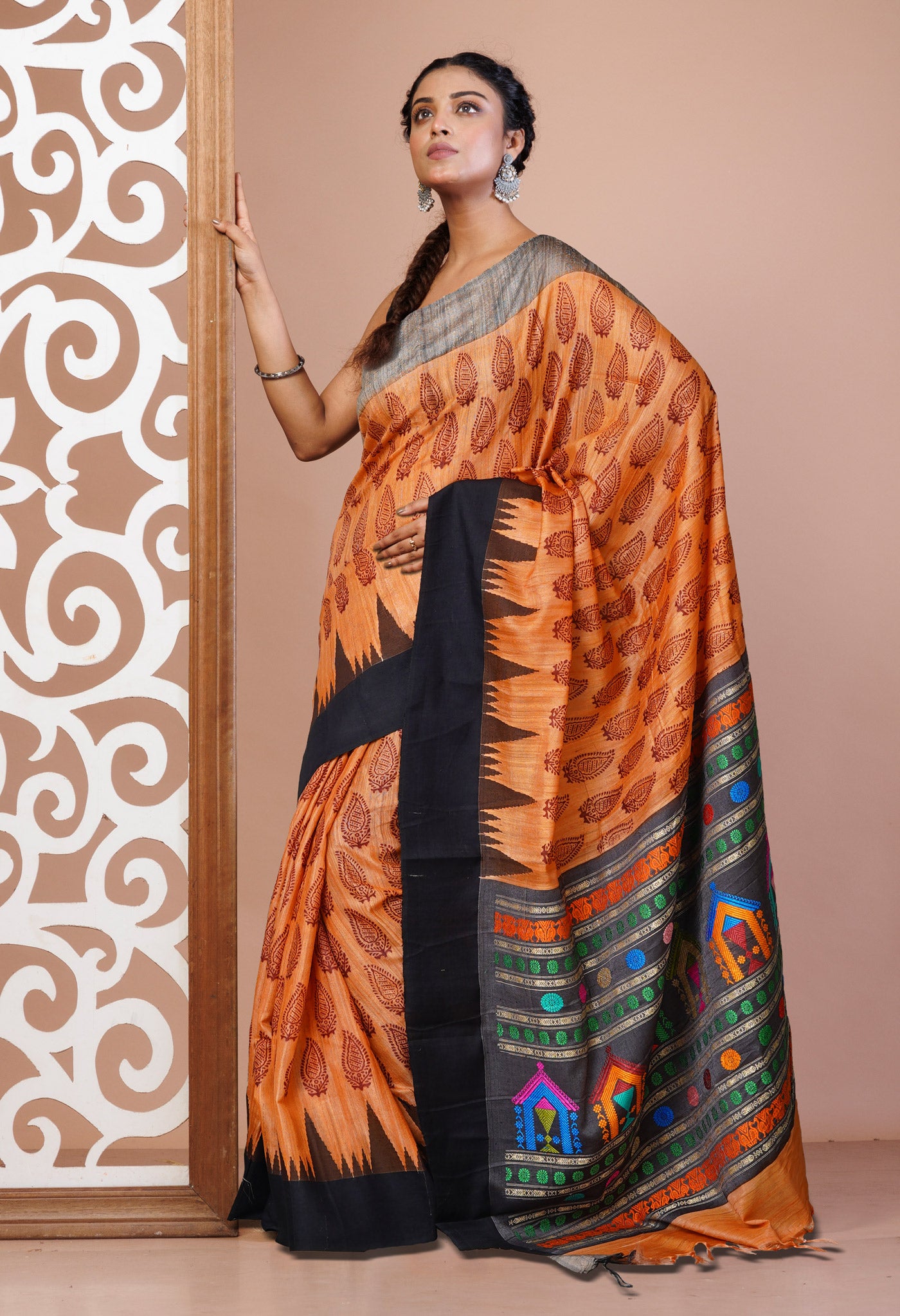 Peach Orange Pure Handloom Hand Block Printed Vidarbha Tussar Silk Saree-UNM74459