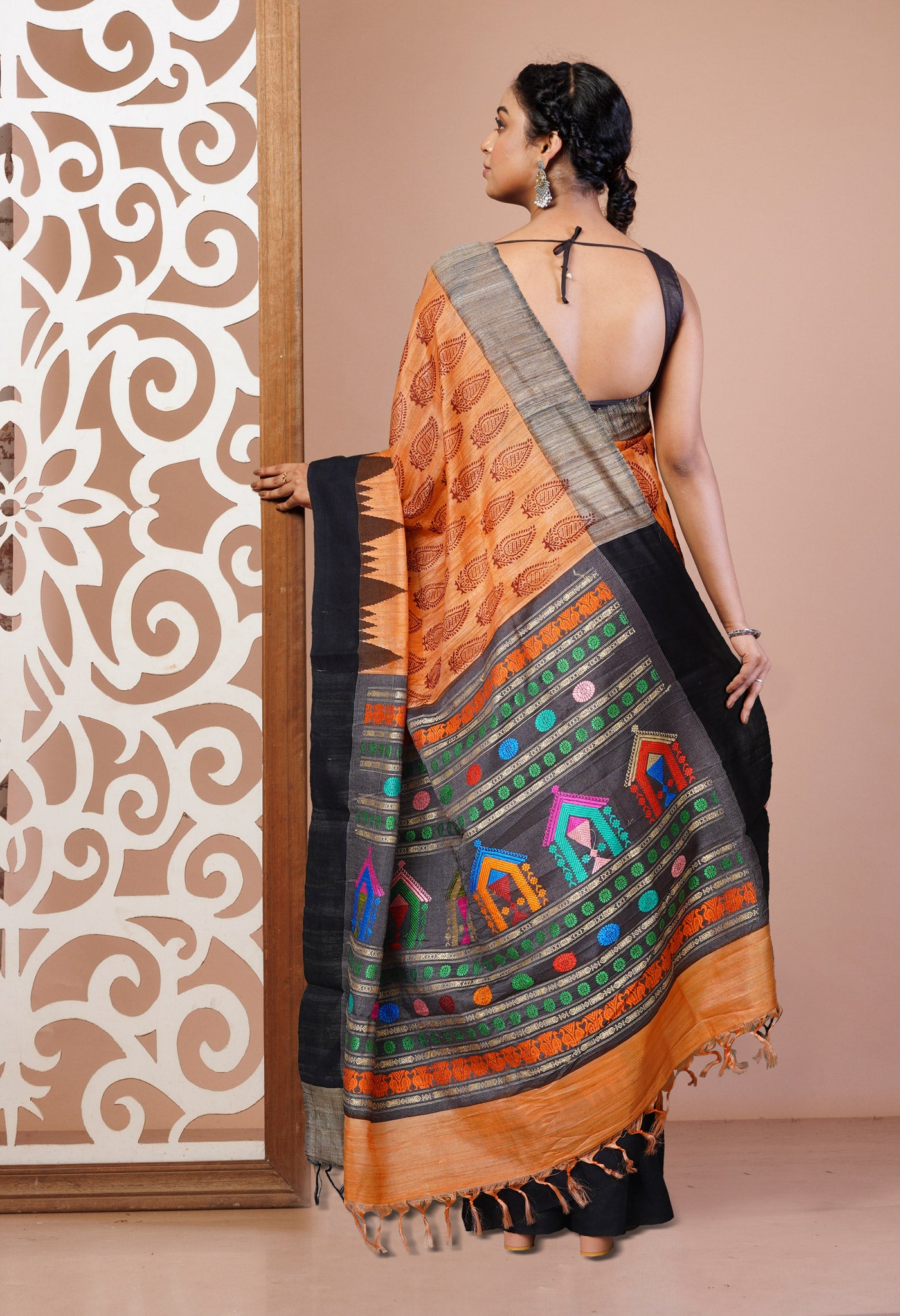 Peach Orange Pure Handloom Hand Block Printed Vidarbha Tussar Silk Saree-UNM74459