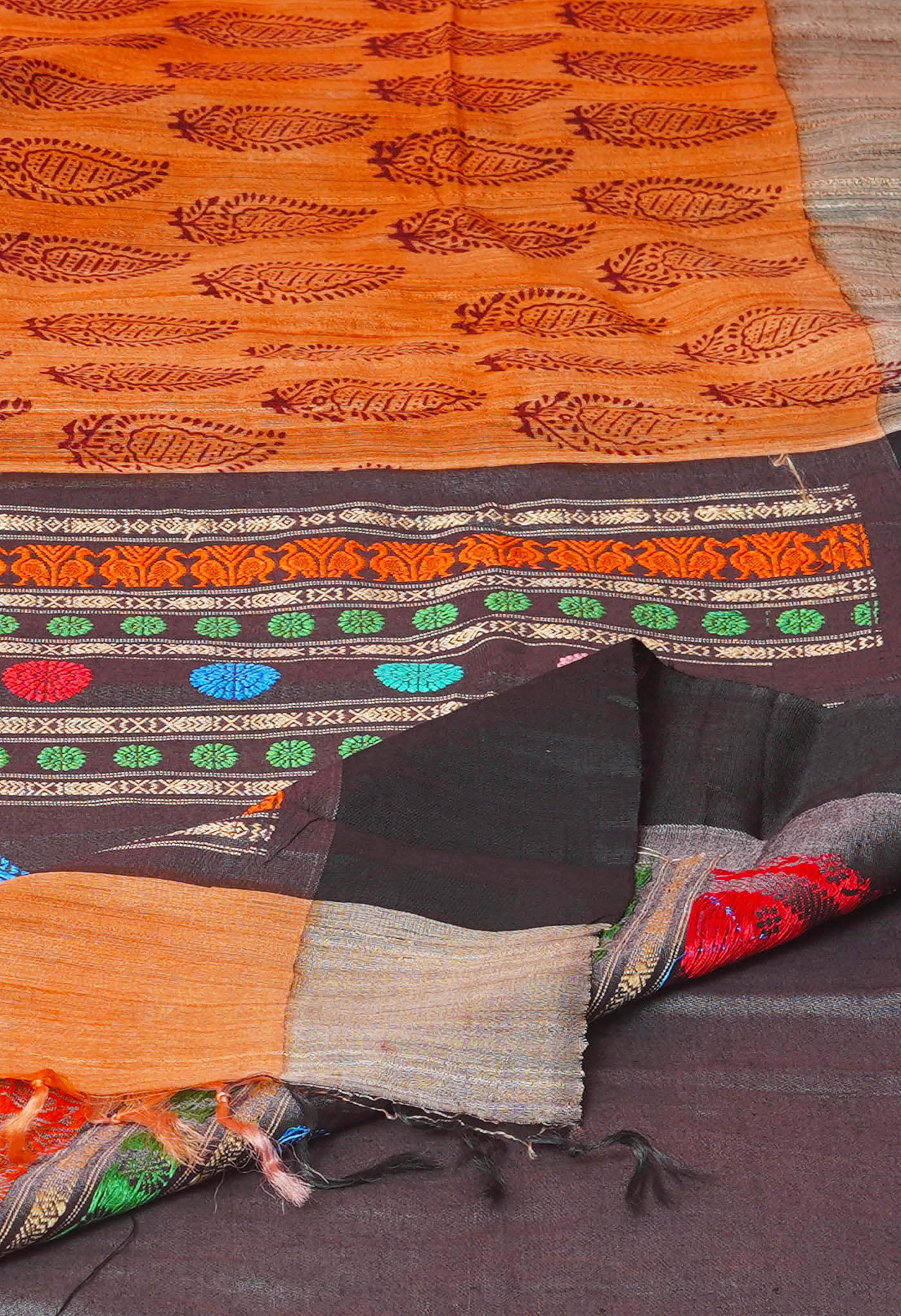 Peach Orange Pure Handloom Hand Block Printed Vidarbha Tussar Silk Saree-UNM74459